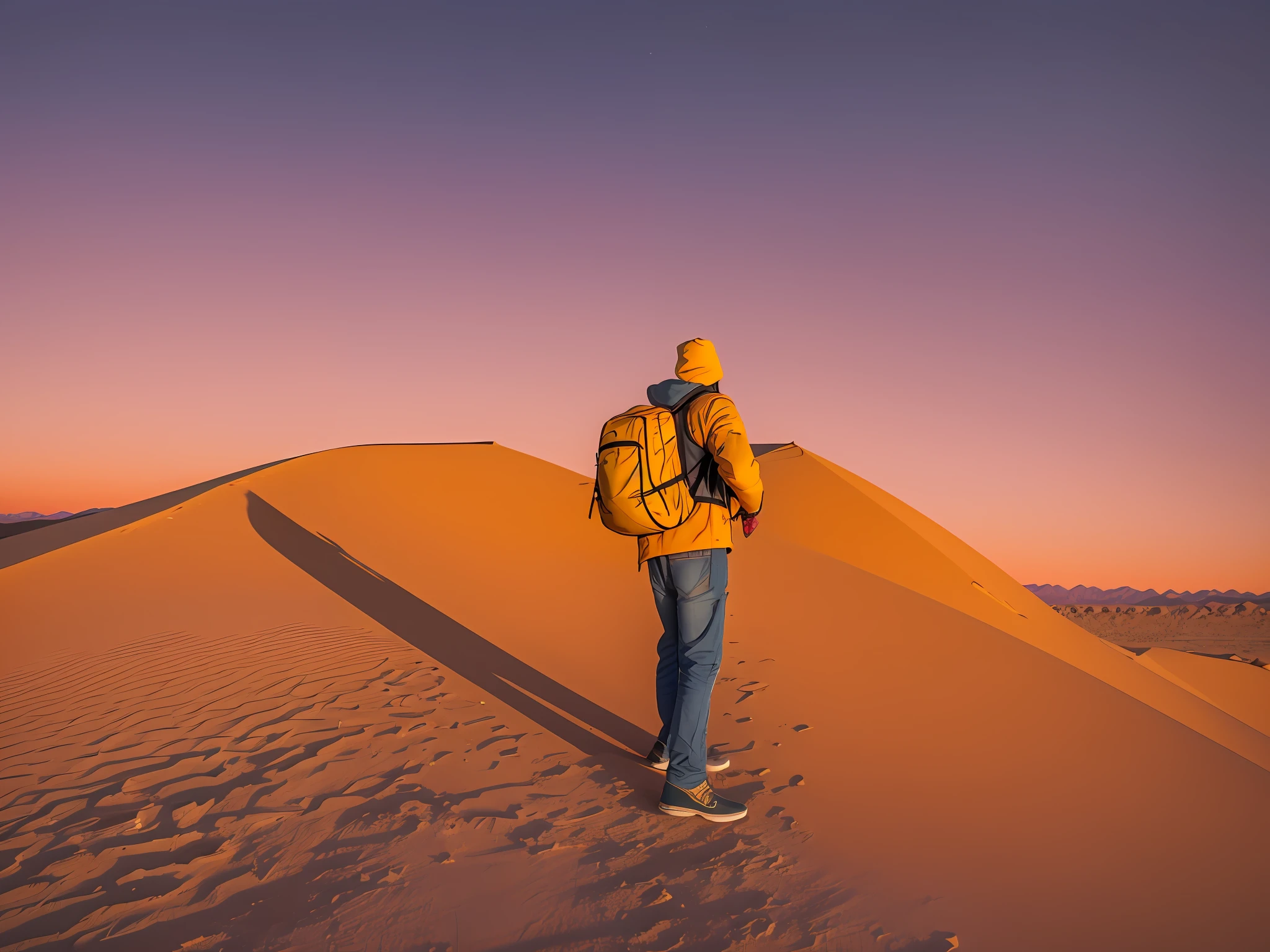 A man in the Mojave Desert, like a yellow jacket, with a red backpack, realistic photo, details, wide angle, sunset --auto --s2