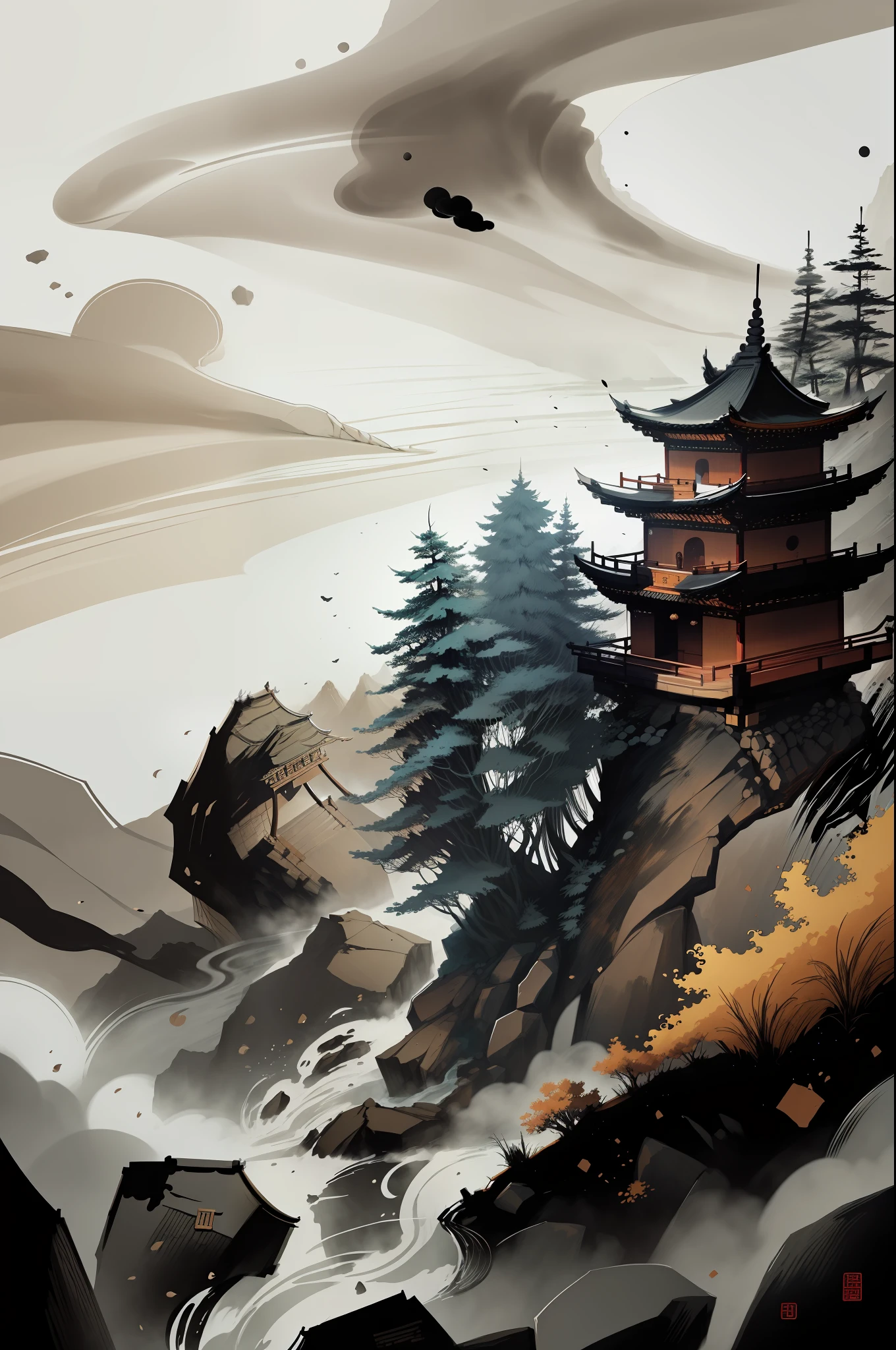 Chinese martial arts style, with vast sky, continuous mountains and steep cliffs, ink wash style, outline light, atmospheric atmosphere, depth of field, mist rising, bamboo, pine trees, stone pavilions, waterfalls,ink