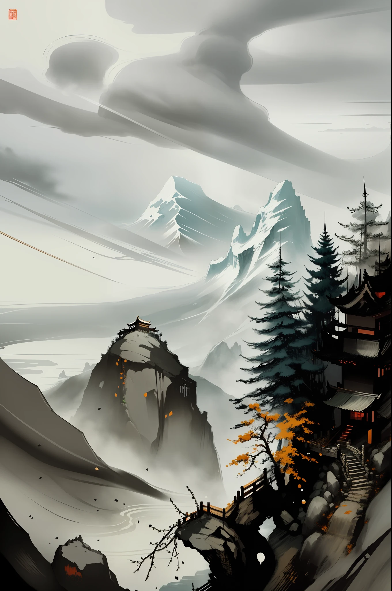 Chinese martial arts style, with vast sky, continuous mountains and steep cliffs, ink wash style, outline light, atmospheric atmosphere, depth of field, mist rising, bamboo, pine trees, stone pavilions, waterfalls,ink