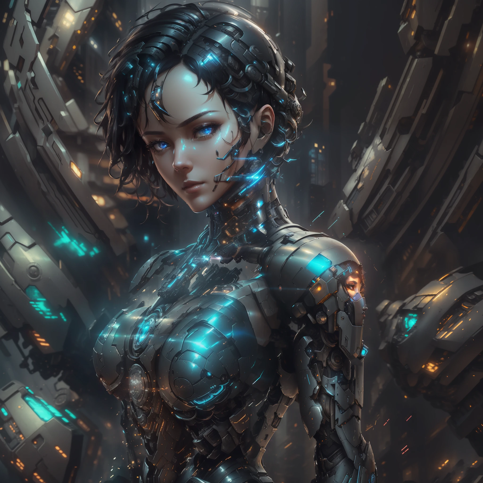 woman, sexy, short black hair, sexy pose, half robot, android, (Masterpiece, Superior Quality, Best, Official Art, Beautiful and Aesthetic, Long Exposure: 1.2), front portrait, Charming Patterns, scenery destroyed buildings, chaotic, steampunk, cyberpunk, destroyed cars, detailed environment, blue fire, cybernetic details, ultra detailed, realistic, best quality