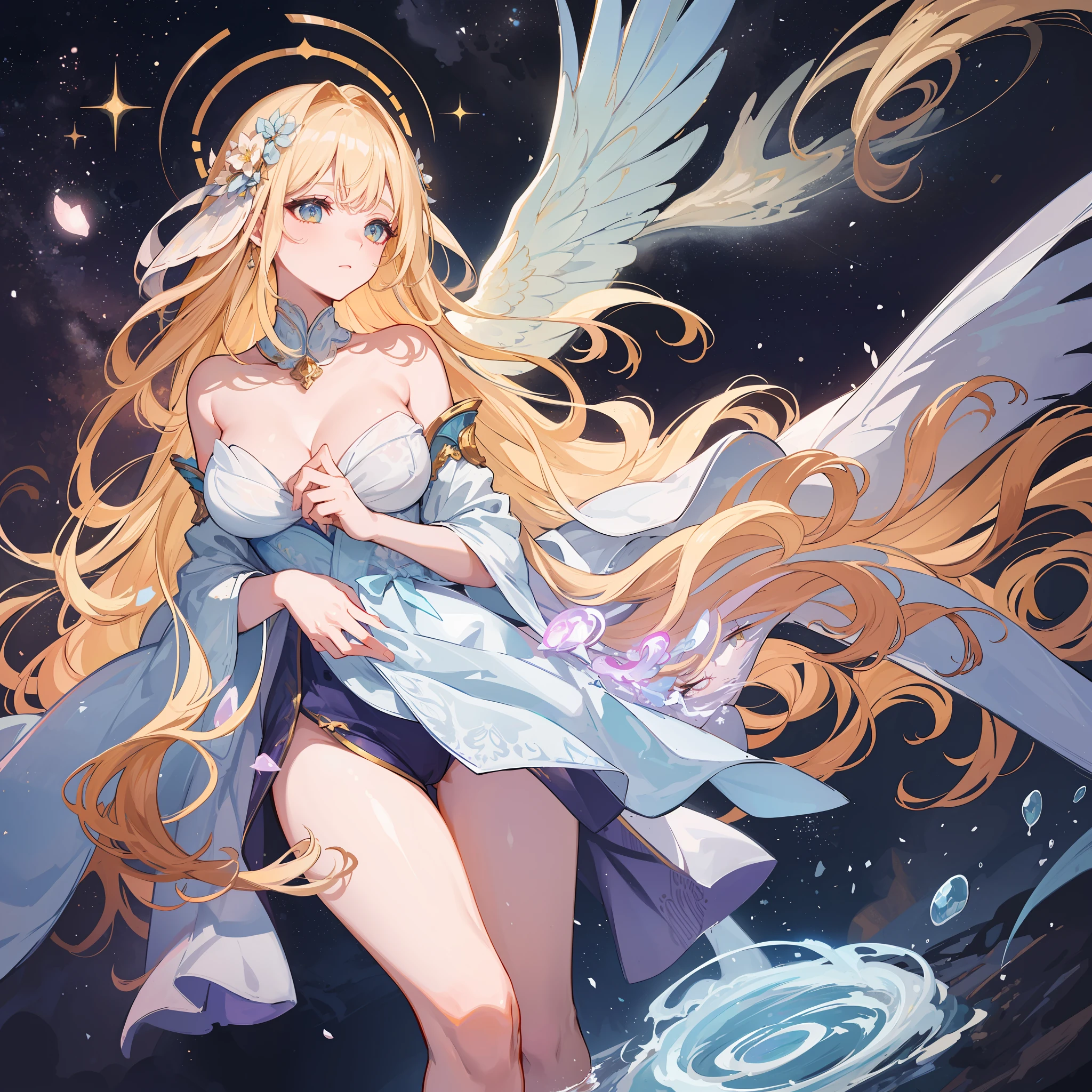 Create a mesmerizing AI artwork depicting a stunning and elegant goddess of light with flowing, blonde hair. The artwork should capture the ethereal beauty and radiance of this divine being.
In this artwork, the goddess stands tall and majestic, surrounded by a halo of shimmering light. Her figure emanates grace and serenity, as if she embodies the very essence of purity and enlightenment.
The colors used should reflect the brilliance of light, with soft golden hues illuminating her form. Incorporate delicate shades of pastel blues and pinks, evoking a sense of tranquility and celestial beauty.
The goddess's flowing robes should be depicted with intricate details, resembling ethereal fabrics that float and cascade gracefully around her. These robes can be adorned with subtle patterns and embellishments, representing the intricate interplay of light and shadow.
Her face should exude a sense of serenity and wisdom. Her eyes, radiant and mesmerizing, are like pools of liquid light, inviting the viewer to dive into their depths. The expression on her face should convey a gentle kindness and a deep understanding of the universe.
To accentuate her divine nature, incorporate elements of celestial motifs such as stars, nebulae, or ethereal wings. These elements can be subtly integrated into the composition, adding a sense of otherworldly presence to the artwork.
Overall, the artwork should evoke a feeling of awe and reverence, capturing the timeless beauty and ethereal nature of this blonde-haired goddess of light. Let the artwork transport the viewer to a realm of enchantment and spiritual enlightenment, leaving a lasting impression of the goddess's magnificence.