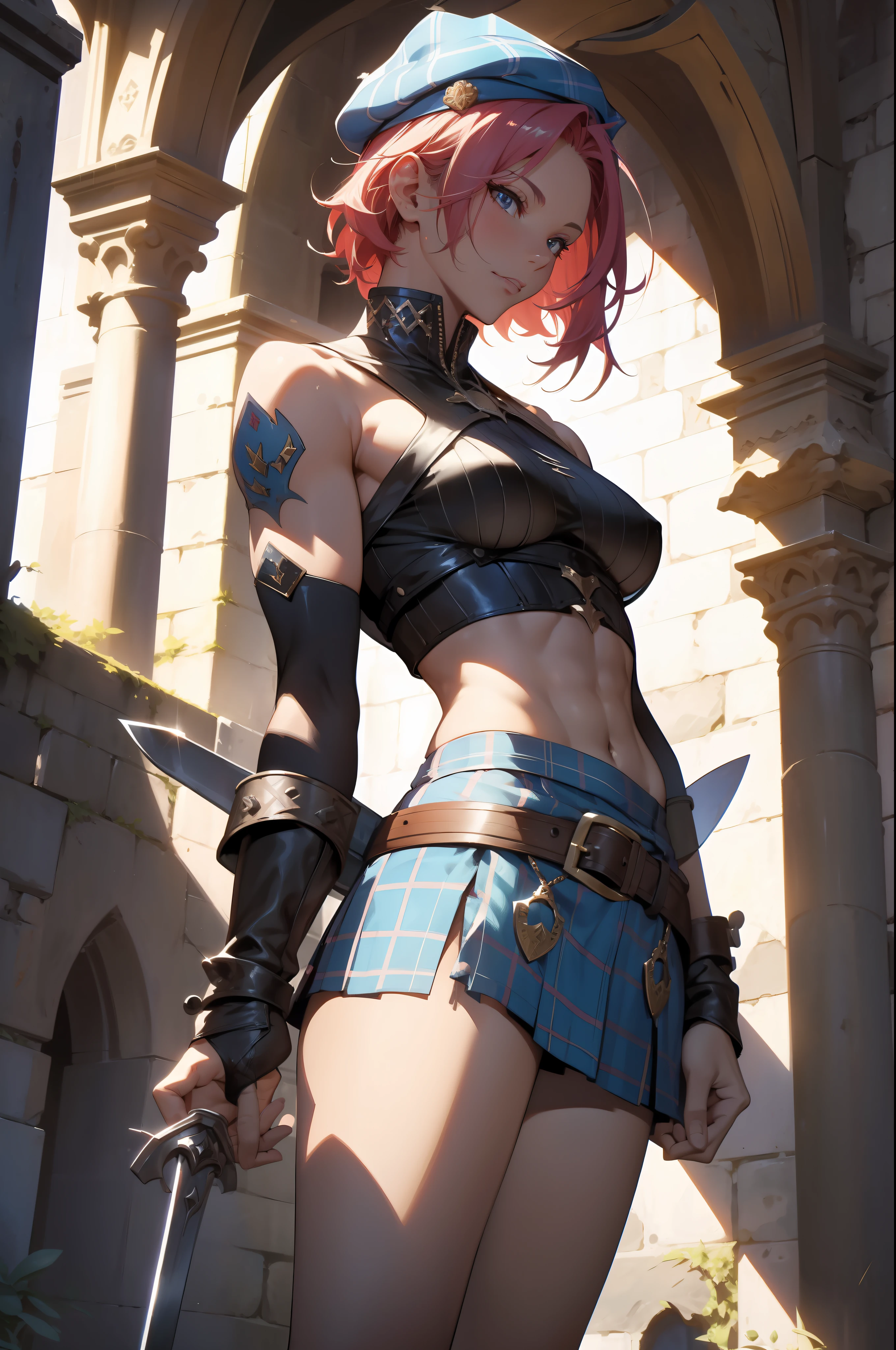 ((Simon Bisley)), Beautiful full-bodied woman, 30 years old, muscular and perfect body, Scottish warrior, (((Medieval Scotland)))), fighting with her sword, with plaid mini-skirt, Scottish beret, with little clothing, tiny thong, large breasts, generous neckline, holding a giant, dirty and torn sword, fantastic art outfit, fulfilled or short hair, brave face, dark kingdom, sexy pose, in a medieval Scottish castle courtyard