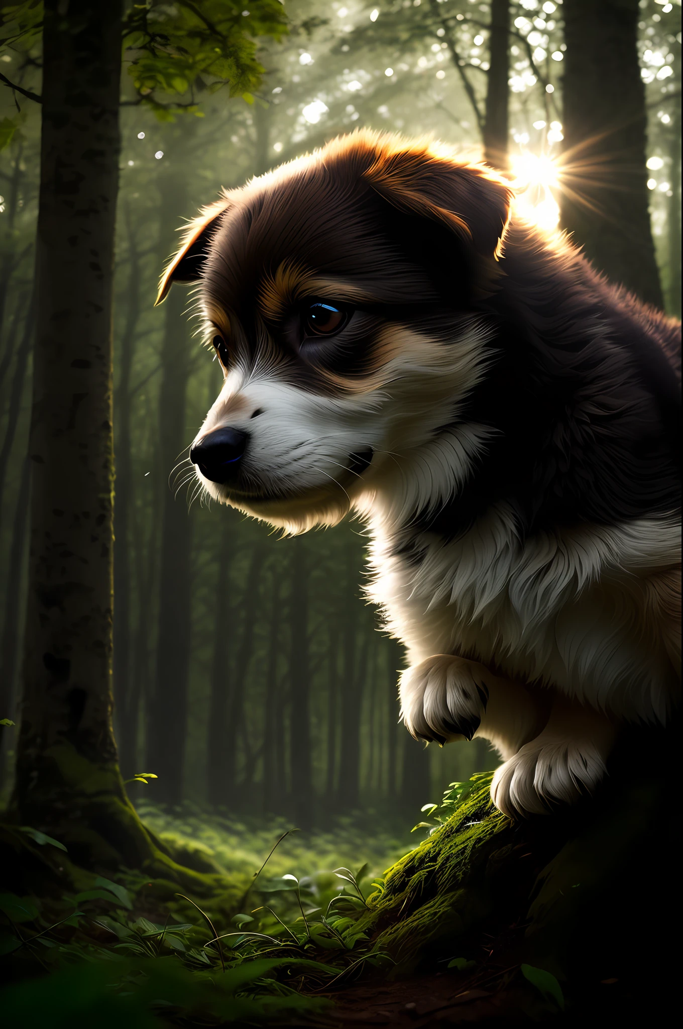 close up photo of a very cute jumping puppy in the forest, look at a camera, soft volumetric lights, (backlit:1.3), (cinematic:1.2), intricate details, (ArtStation:1.3), Rutkowski