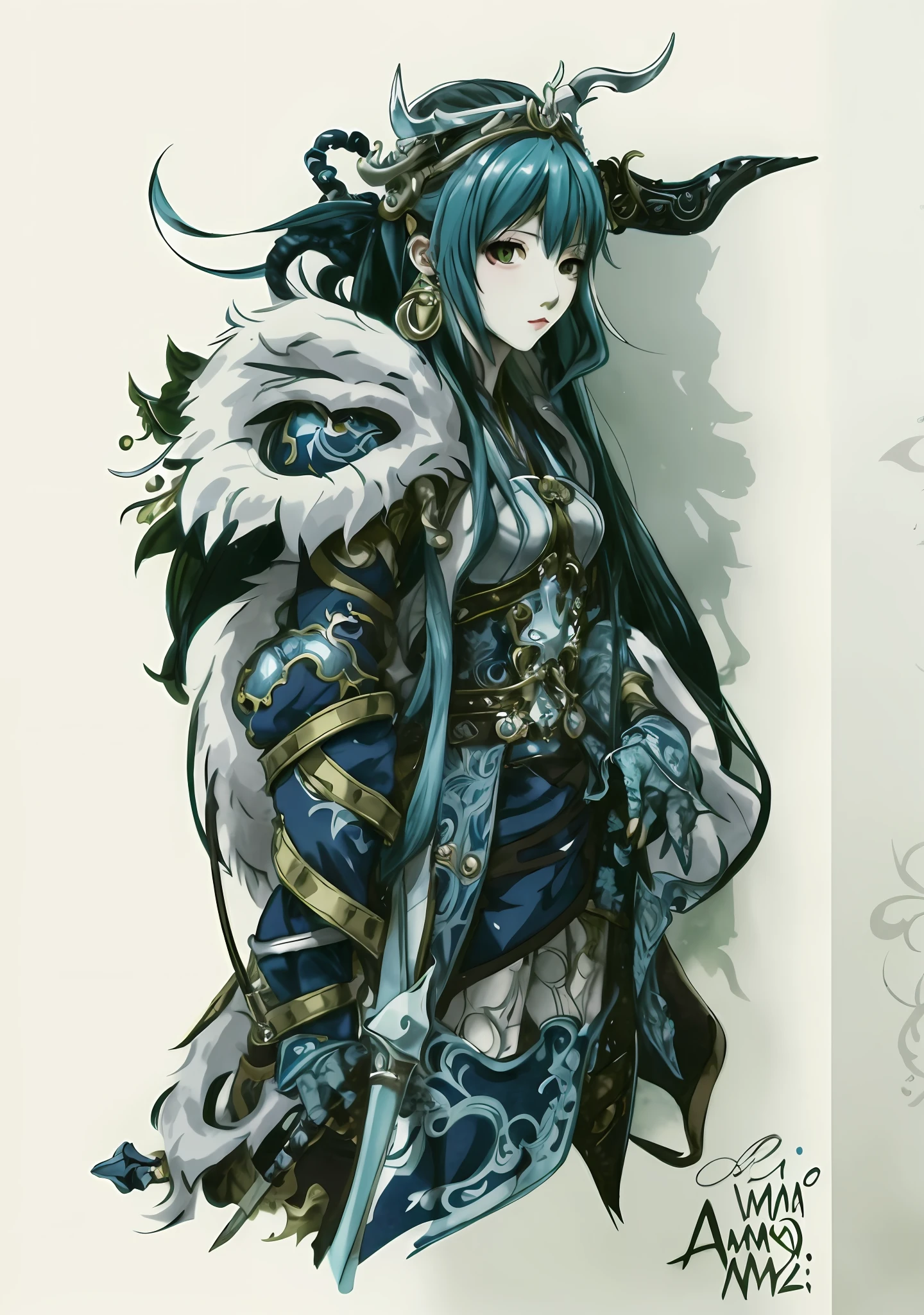there is a drawing of a woman with a sword and a helmet, anime character; full body art, yoshitaka amano character design, detailed full body concept, intricate ornate anime cgi style, style of yoshitaka amano, benedick bana, cell shaded anime intricate, inspired by Yoshitaka Amano, inspired by yoji shinkawa