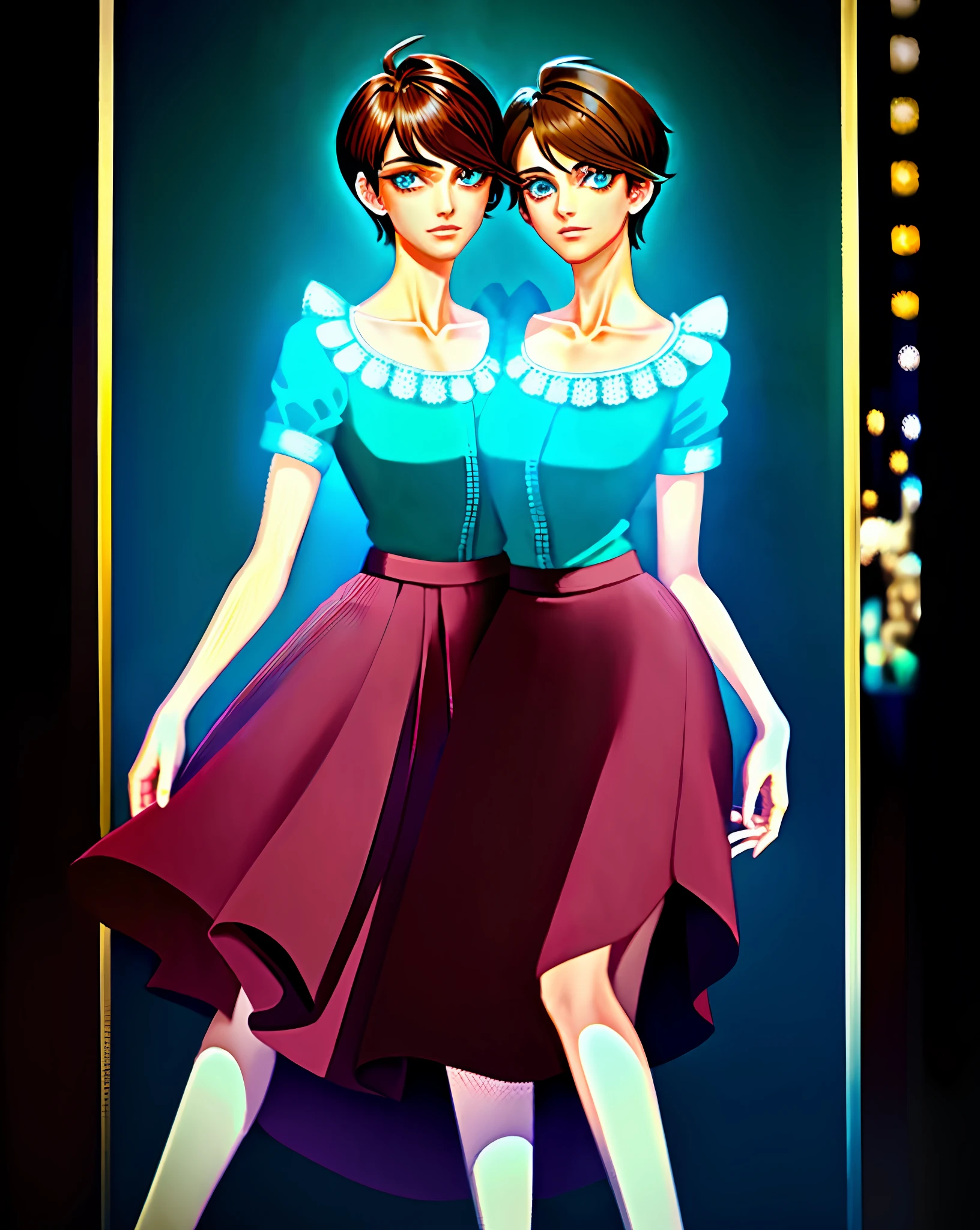 1boy, (man), 2heads, conjoined, heads side by side, no more than 2 arms, broad shoulders, feminine body, anime, extremely detailed, hyper detailed, (broad shoulders), (PERFECT FACE), illustration, soft lighting, 2d, intricate, cowboy shot, detailed eyes, brown hair, black hair, short hair, teal eyes, brown eyes,  sexy, unbuttoned shirt,skirt, (outside), casino