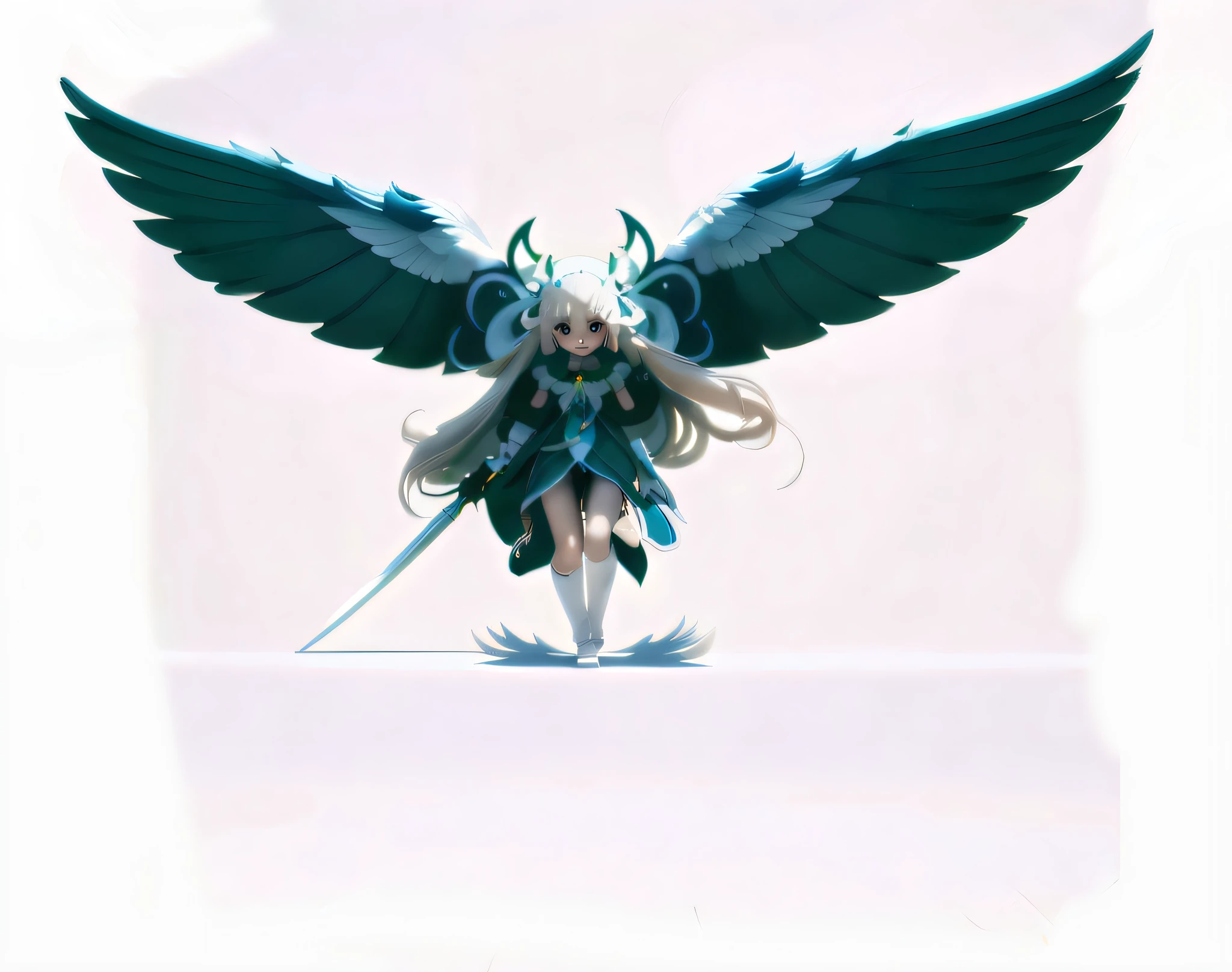 anime figurine of a female angel with a sword and wings, angel knight girl, angel in plastic armor, angel knight gothic girl, high angel distant shot, white cyan, winged, anime styled 3d, anime goddess, big white glowing wings, 2. 5 d cgi anime fantasy artwork, super wide angel, 3 d render official art, anime 3 d art