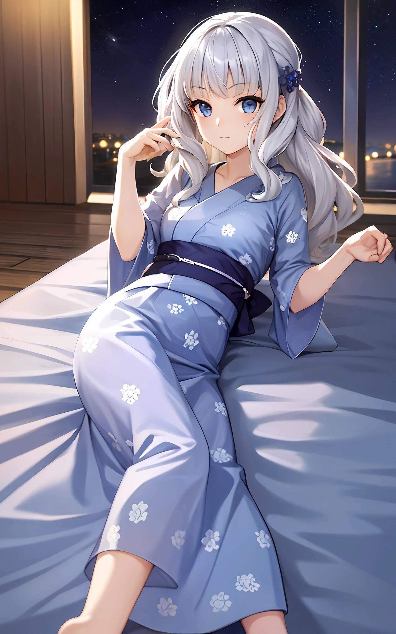 girl, solo, summer festival, silver hair, blue eyes, wavy hair, yukata, lying in bed at night