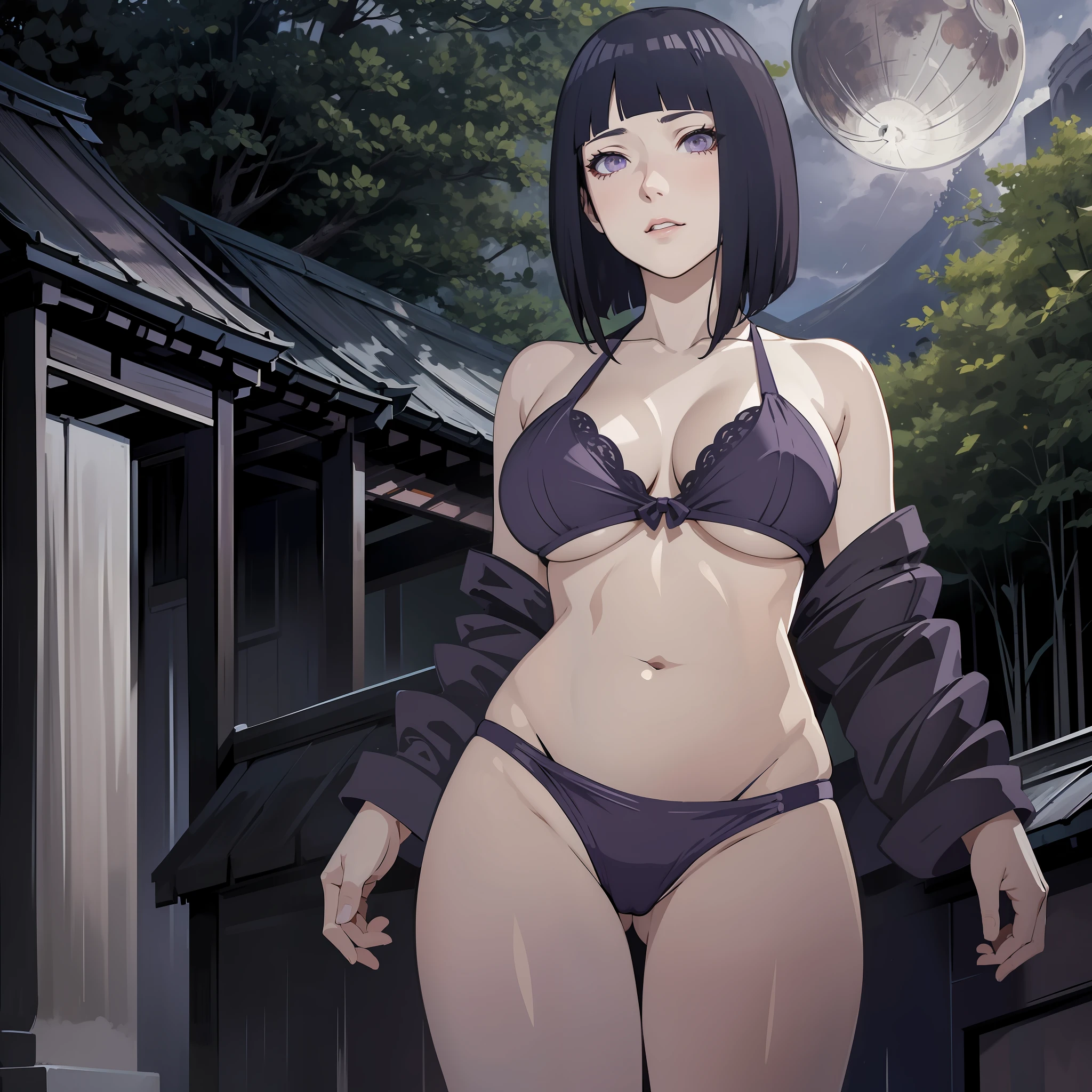 Best quality, masterpiece, highly detailed, more realistic, high definition, Konan Naruto, orange eyes,akatsuki bikini,mature star, realistic breasts, beautiful body, bikini akatsuki big breasts, big ass, short purple hair, woman dancing in the forest, forest in ancient russia, night,lingerie, historical site, antique dress, seduction, make an erotic face, make an erotic face, moonless night,  moonless night, blood moon, too little light, too dark, too dark, no light, fog