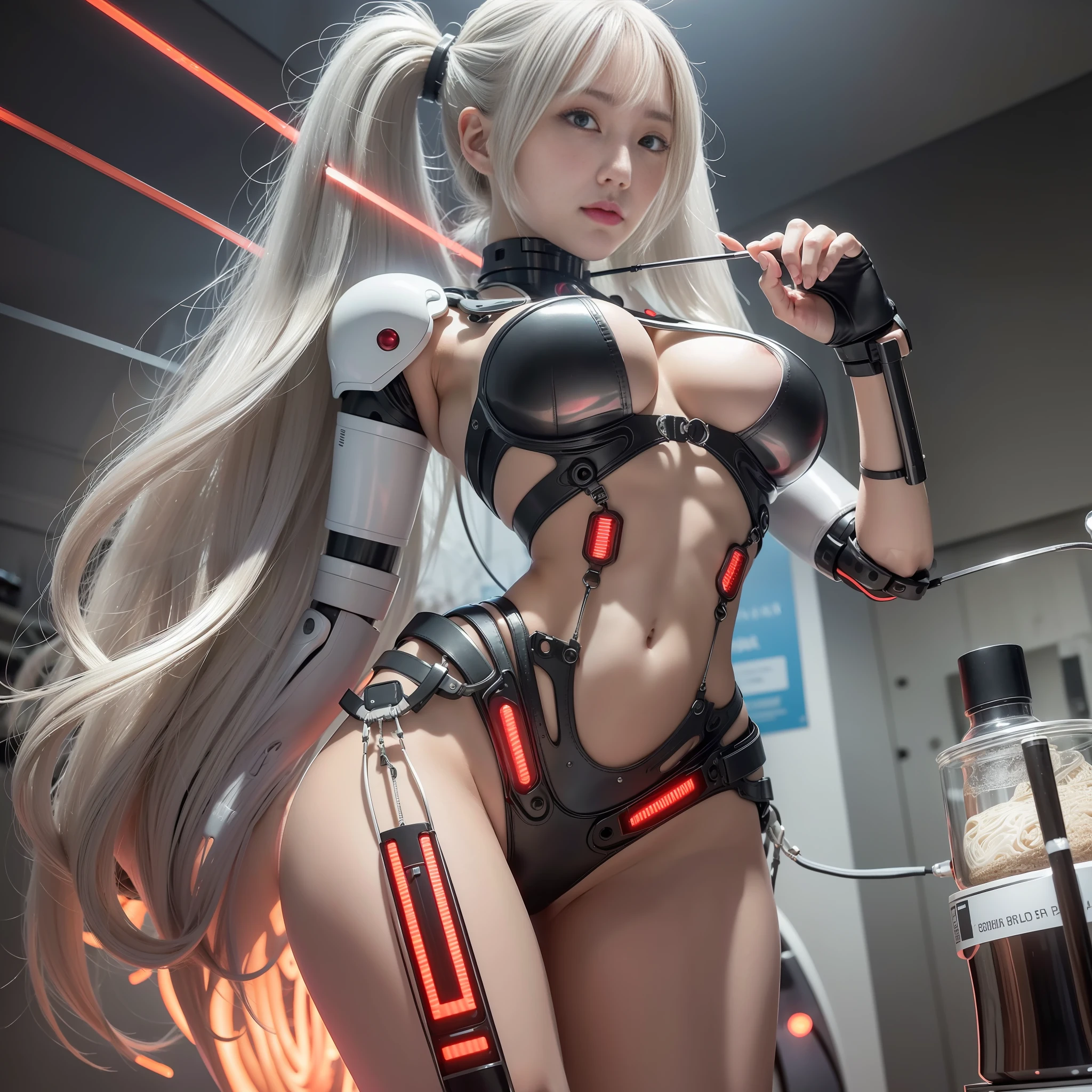 Beautiful Face,Face is Japan, 1 Woman, Big, Curvaceous, (8k, RAW Photo, Best Quality, Masterpiece: 1.2), (HDR, Realistic, Photorealistic: 1.37) (Blood vessel attached to tube), (Bikini Cyborg Robot Parts)))), (Light Grey Hair), Long Hair, Wavy Hair, Twin Tails, Medium Shot, ( Seductive smile)), (black eyes), princess cut,from below,(whole body),posing,,inside the lab,( blood vessel connected to a tube),((mechanical vertebrae attached to the back)),((mechanical neck attached to the neck)),(wire cable attached to the head and body),(character focus),science fiction,perfect female figure,perfect anatomy,ultraanatomy, Full body shot, up to 4 fingers and 1 thumb relationship,