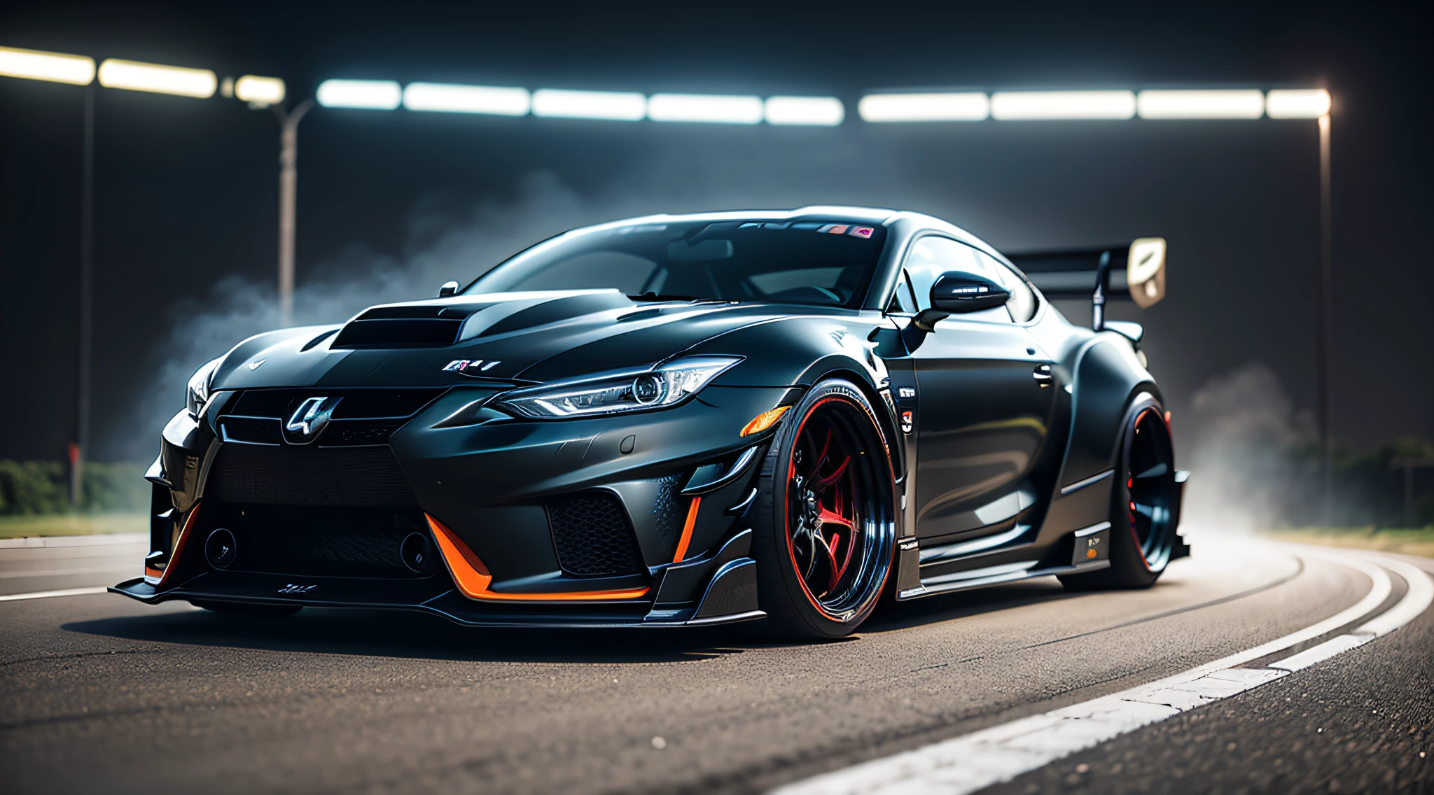 afternoon, 1 girl standing next to car, car, spacesuit, black car, clean spoiler, very detailed, glowing lights, cool car, run go-kart, rocket bunny, japan, jdm, car under glow, track, (center frame), hire,