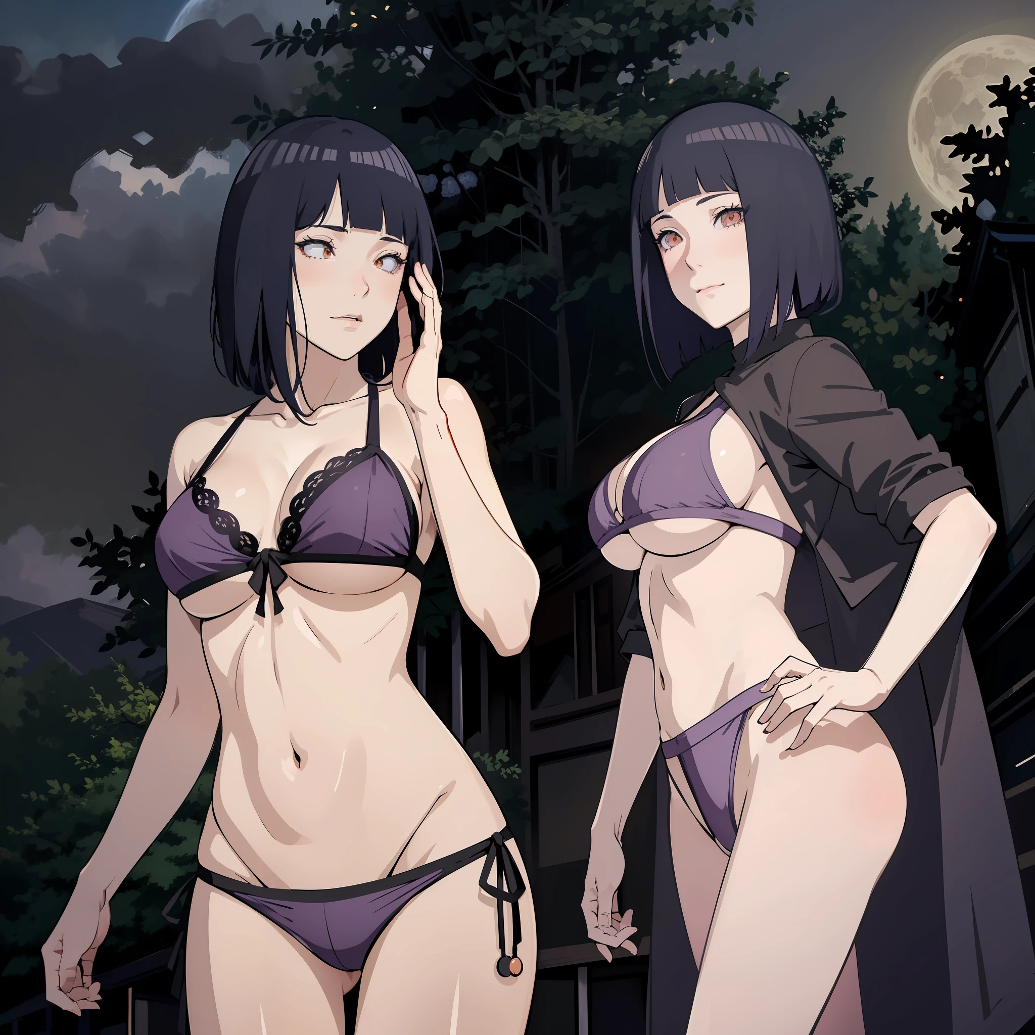 Best quality, masterpiece, highly detailed, more realistic, high definition, Konan Naruto, orange eyes,akatsuki bikini,mature star, realistic breasts, beautiful body, bikini akatsuki big breasts, big ass, short purple hair, woman dancing in the forest, forest in ancient russia, night,lingerie, historical site, antique dress, seduction, make an erotic face, make an erotic face, moonless night, moonless night, blood moon, too little light, too dark, too dark, no light, fog