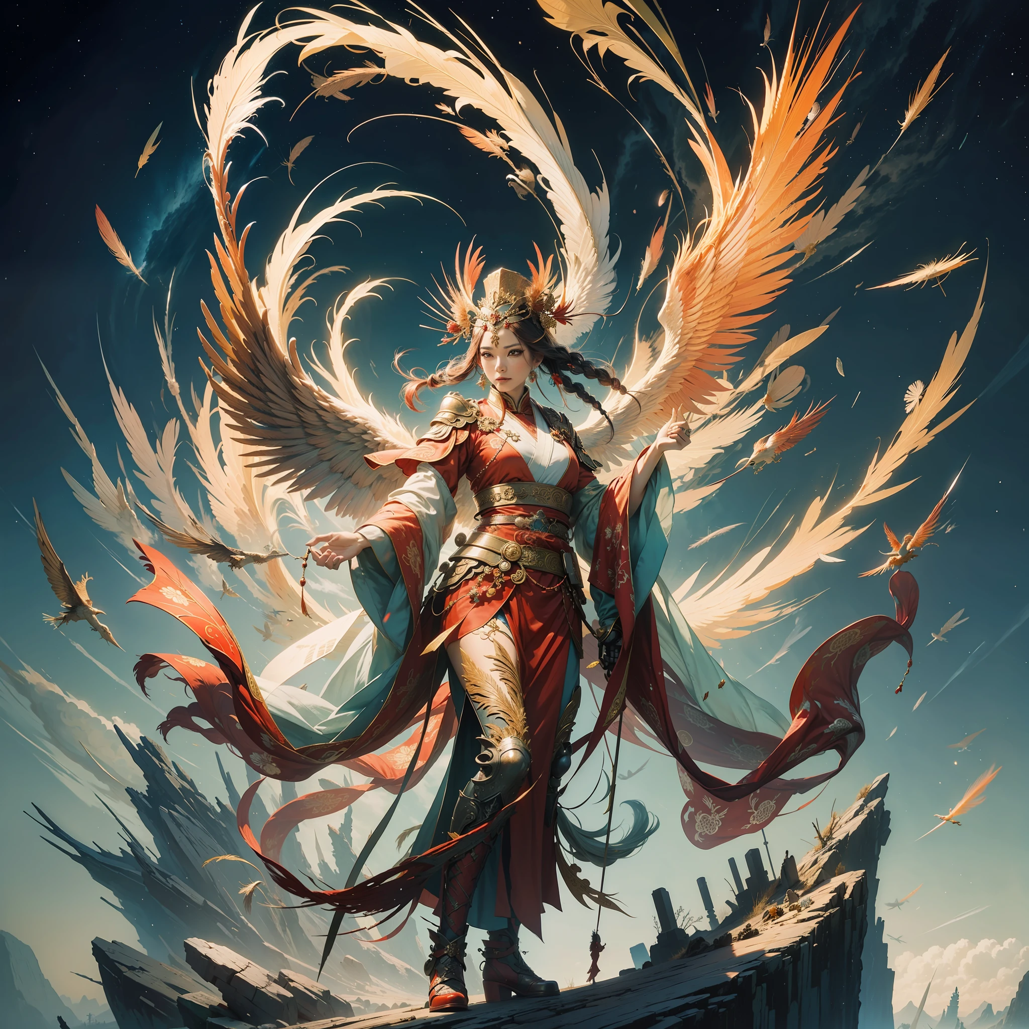 Chinese style, phoenix fairy, god, queen, gorgeous clothes, beautiful feather pattern, red hanfu, phoenix crown, standing on the top of the mountain, 32k --niji 5