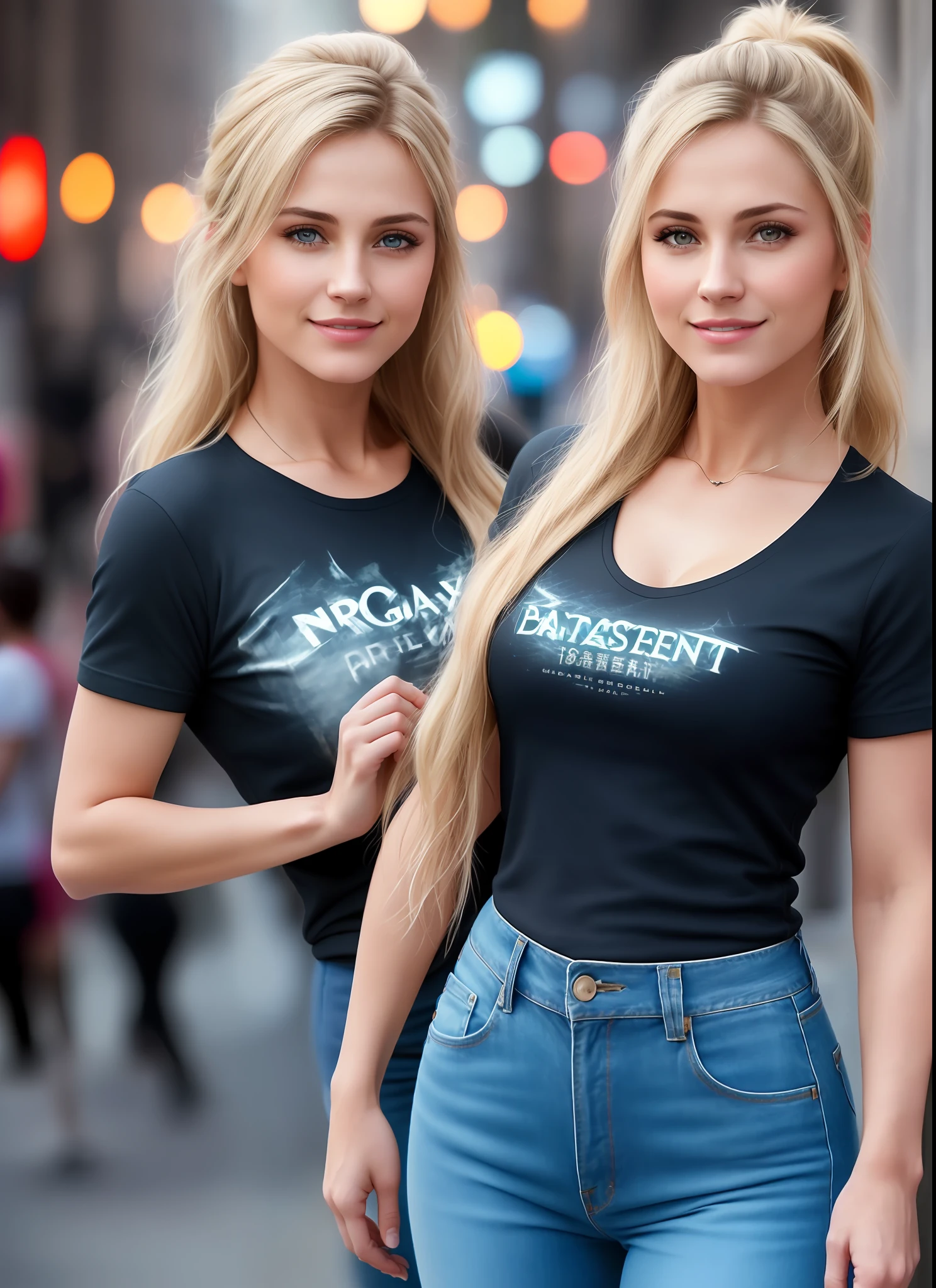 (8k), (best quality), (masterpiece:1.2), (realistic), (photorealistic:1.37), ultra-detailed, 1 girl, caucasian, detailed face, (tight jean), (t-shirt), ((night street background)), (stands straight), ((perfect female body, skin dentation)), mature female, milf, narrow waist, smile, (full body), sexy legs, blonde | ponytail | wavy, high quality, HDR, 4K, photorealistic, incredible detail of the skin, (slightly sweaty body:0.5), professional photo