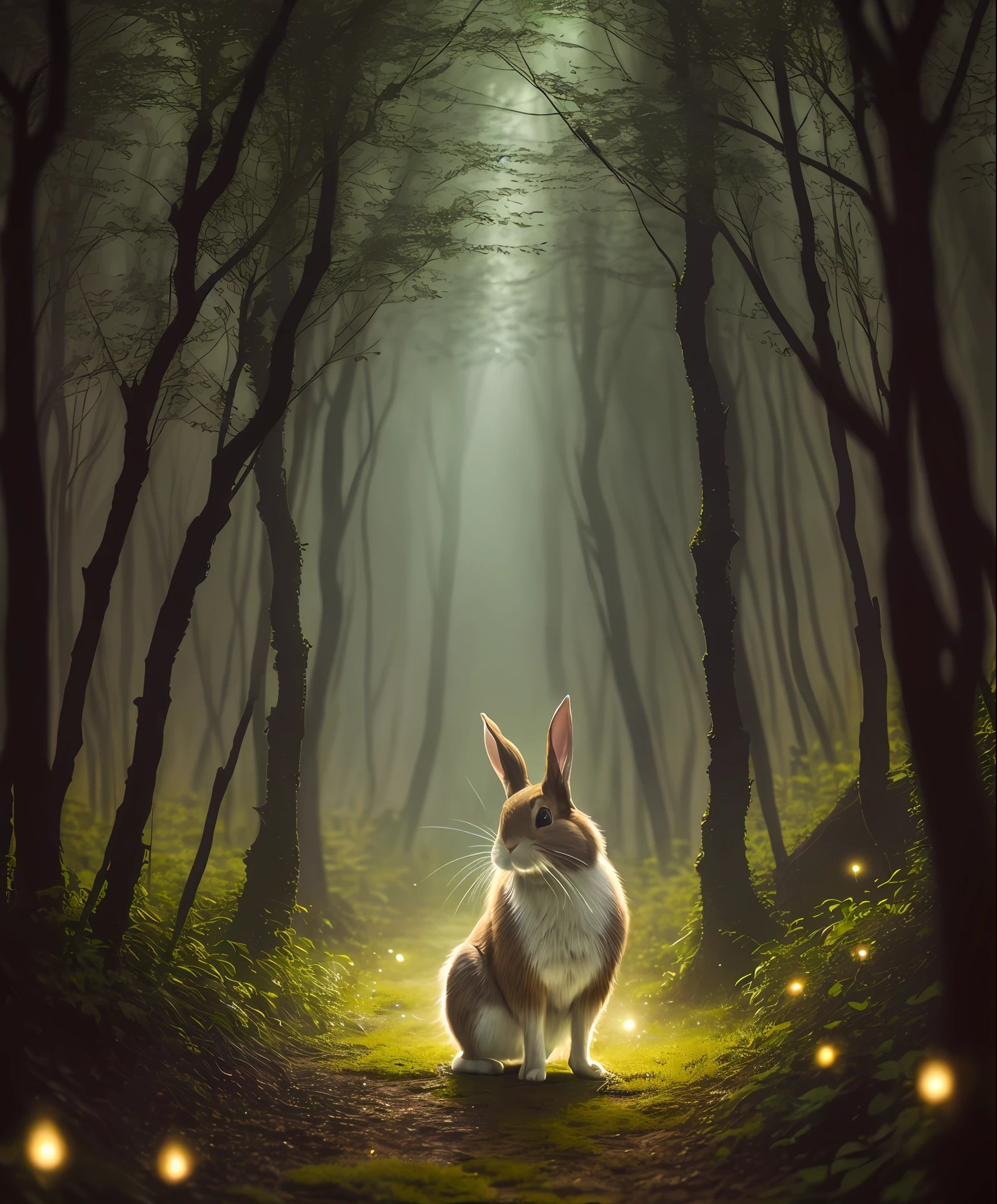 close up photo of a rabbit in an enchanted forest, nighttime, fireflies, volumetric fog, halation, bloom, dramatic atmosphere, centred, rule of thirds, 200mm 1.4f macro shot