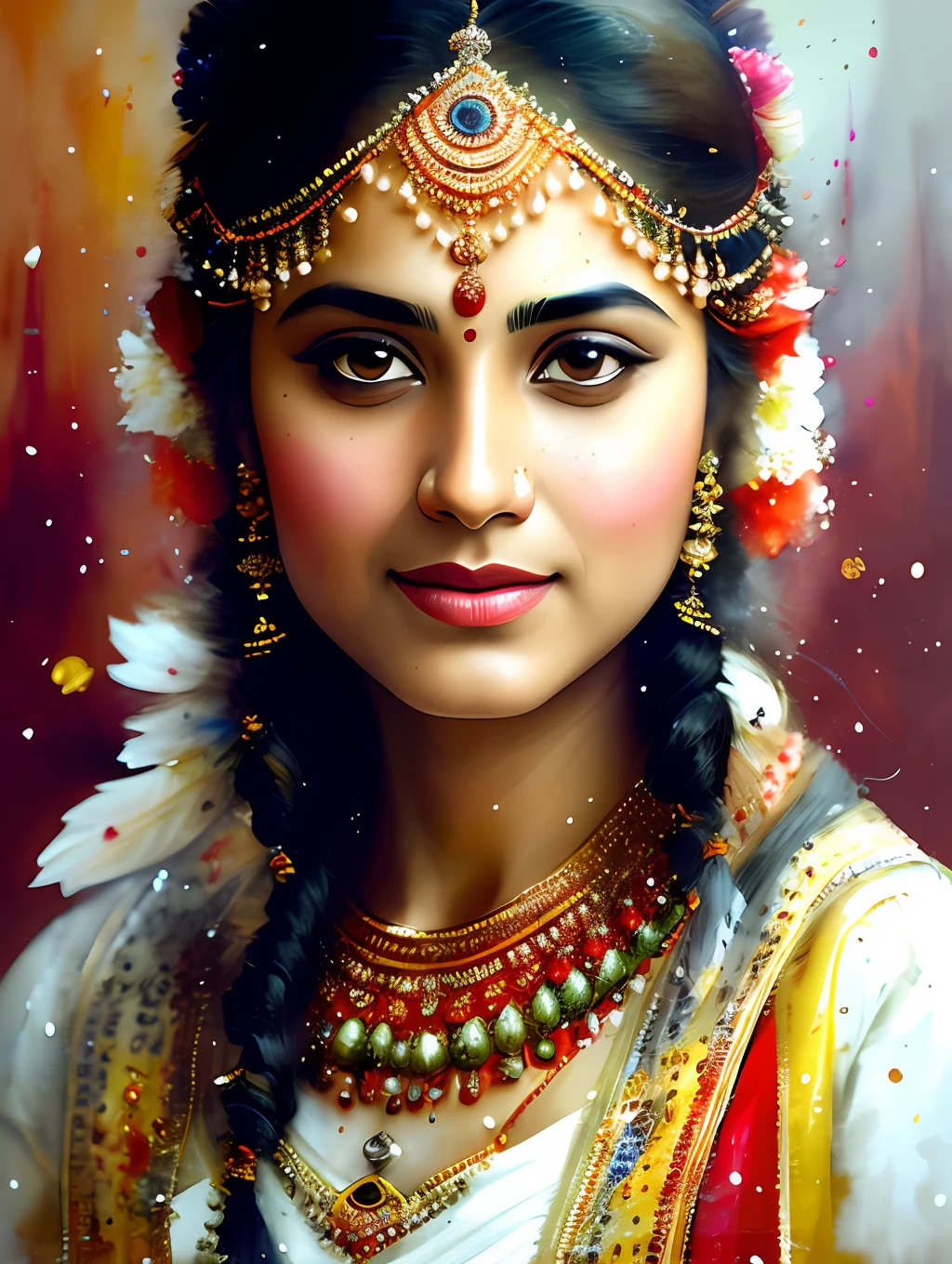 An Indian ethnic traditional dancer, detailed and sharp focus on her face, ultra details, hi-res, portrait by Willem Haenraets, watercolor, wet on wet and splattering techniques, centered, perfect composition, abstraction, surrealism, trending on artstation, sharp focus, studio photo, intricate details, highly detailed, by Greg Rutkowski