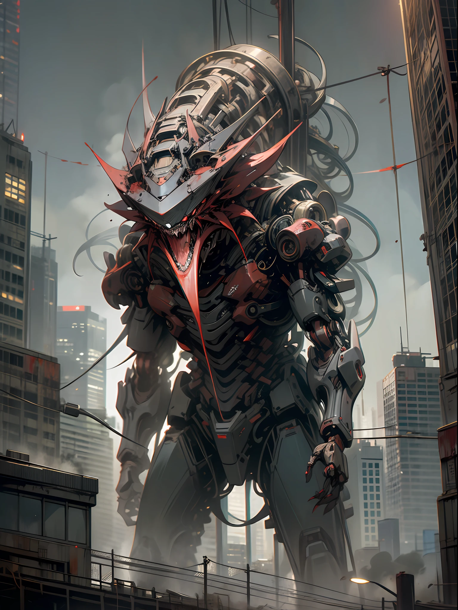 a huge sinister mechanical monster, shout, epic, guro, blood, rusty, in a city, evil, sad, ultra detailed, best quality, crying, emotional, masterpiece, hyper detailed