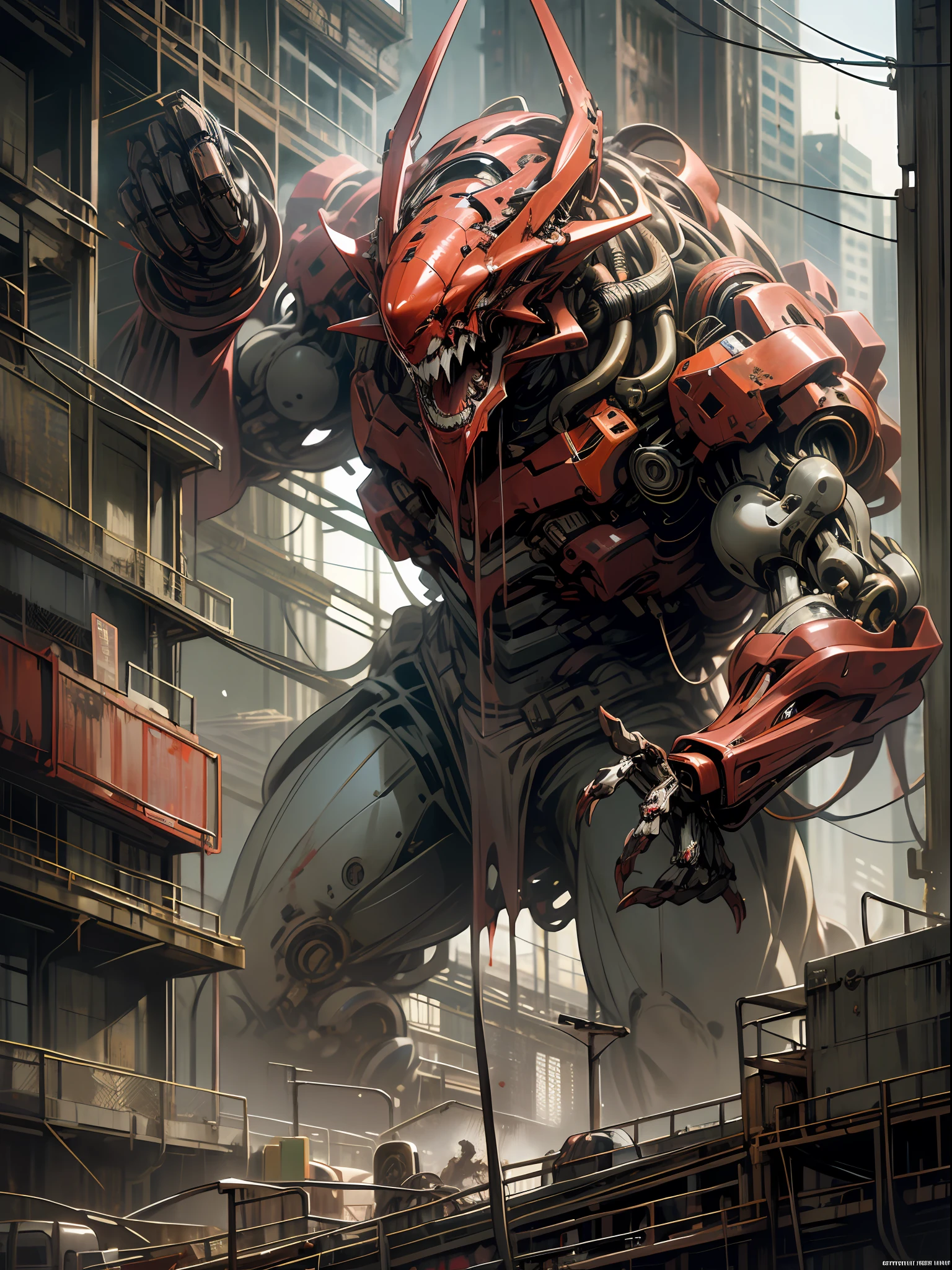 a huge sinister mechanical monster, shout, epic, guro, blood, rusty, in a city, evil, sad, ultra detailed, best quality, crying, emotional, masterpiece, hyper detailed