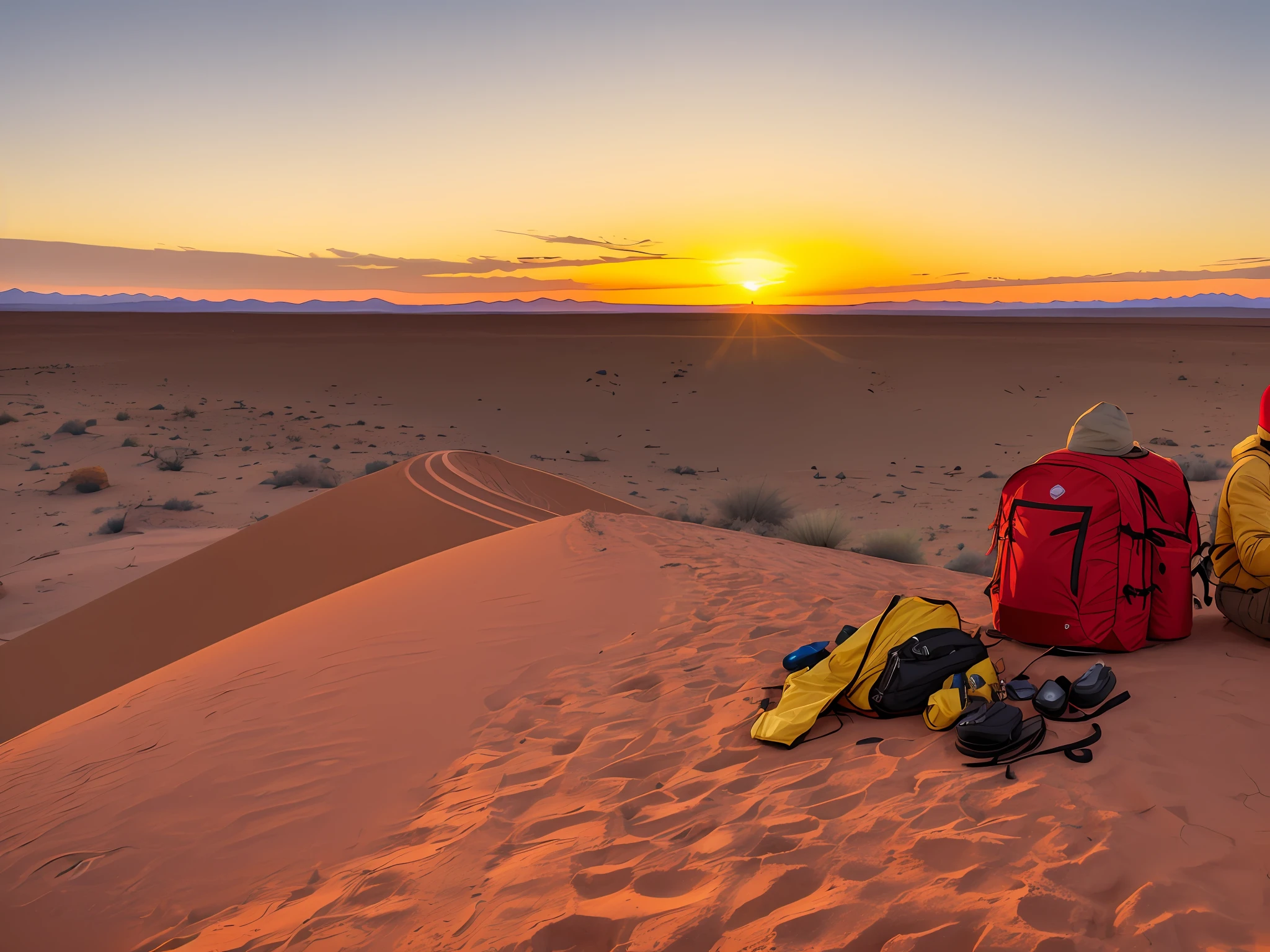 A man in the Mojave Desert, like a yellow jacket, with a red backpack, realistic photo, details, wide angle, sunset --auto --s2