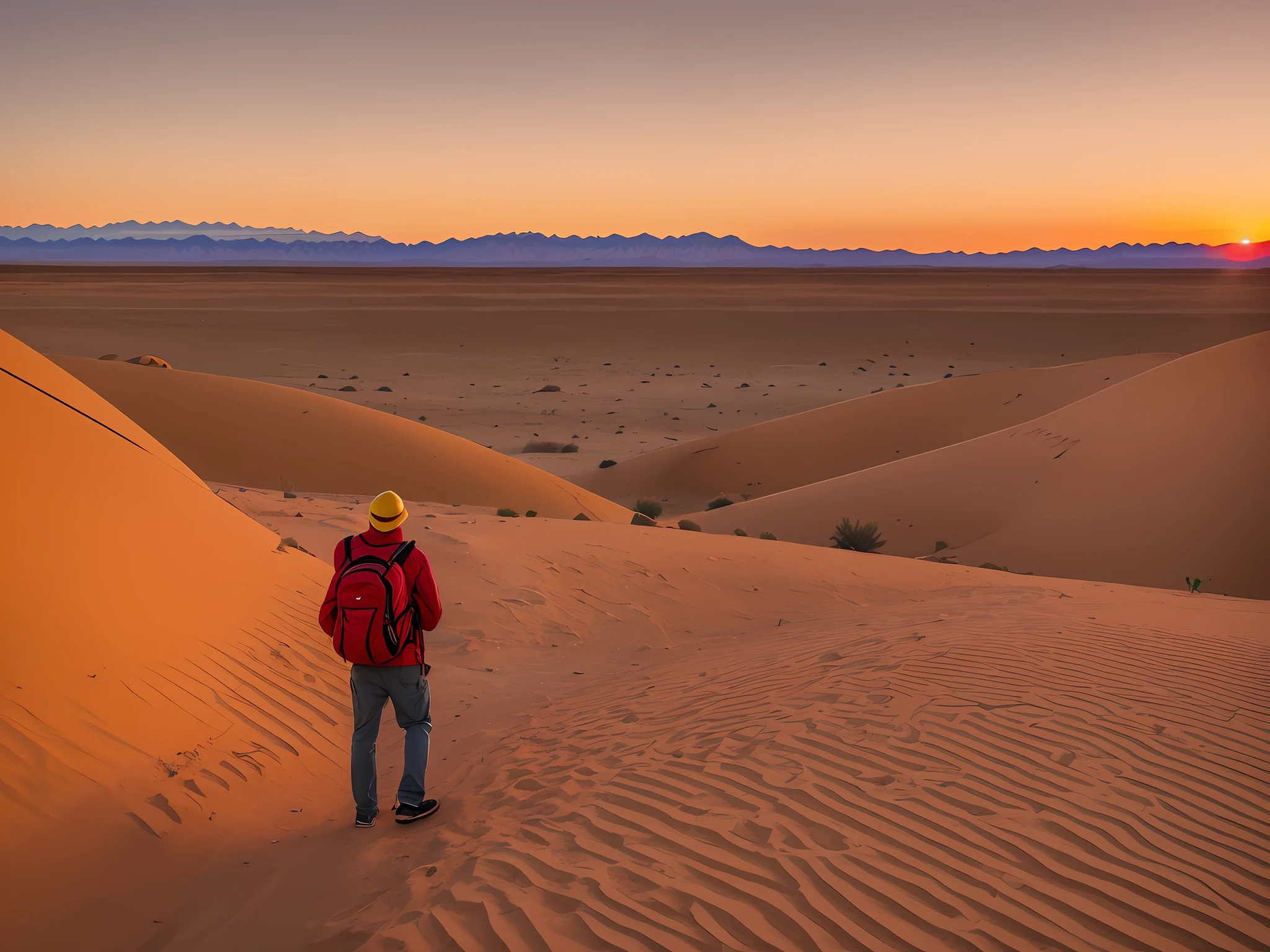 A man in the Mojave Desert, like a yellow jacket, with a red backpack, realistic photo, details, wide angle, sunset --auto --s2