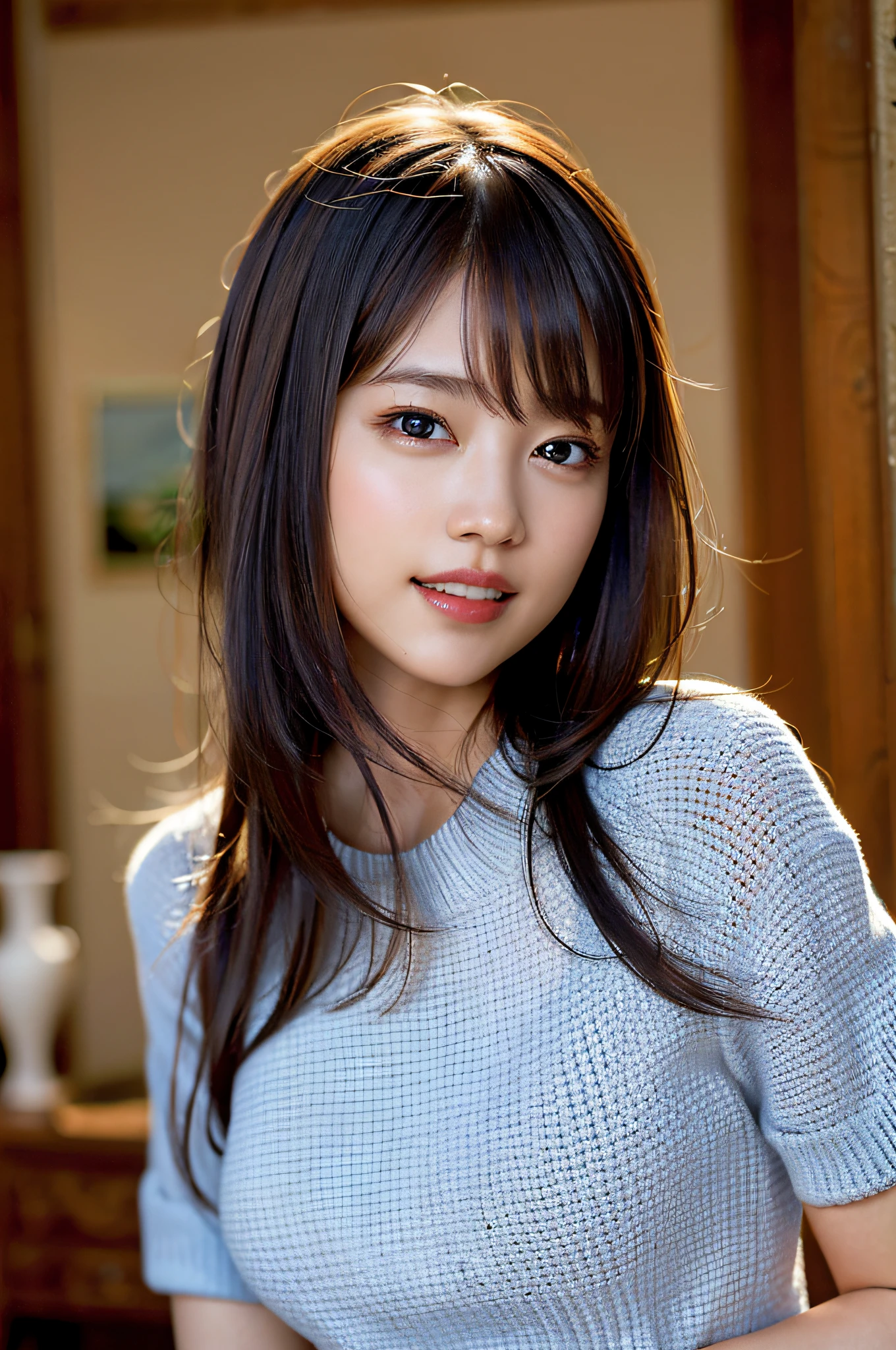 (8k, RAW photo, best quality, masterpiece:1.2), (realistic, photo-realistic:1.37), ultra-detailed, ultra high res,1 girl,looking at viewer,beautiful detailed face,smile,narrow,(slim waist:1.3),shirt, beautiful detailed skin, skin texture, floating hair,professional lighting,