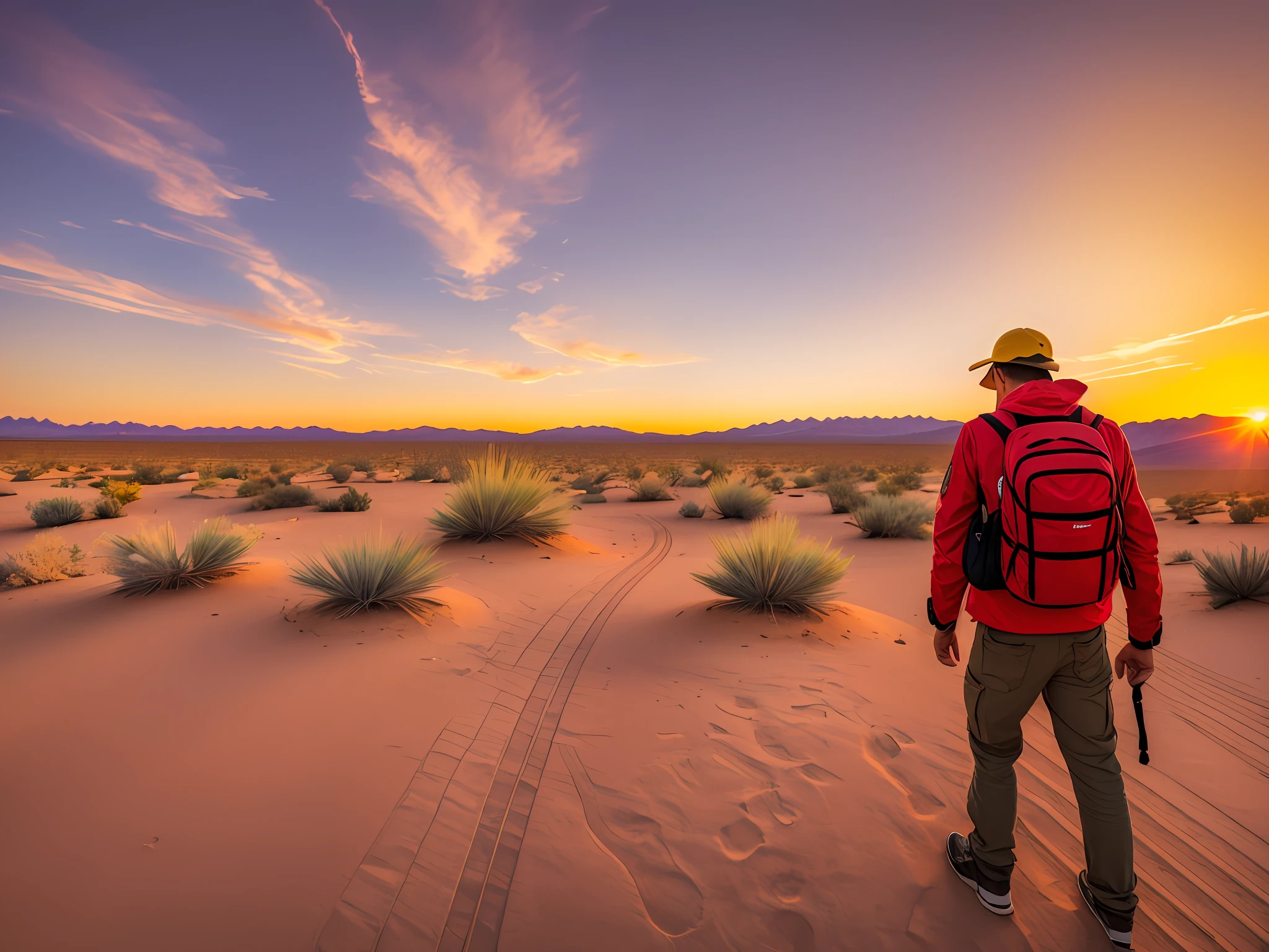 A man in the Mojave Desert, like a yellow jacket, with a red backpack, realistic photo, details, wide angle, sunset --auto --s2