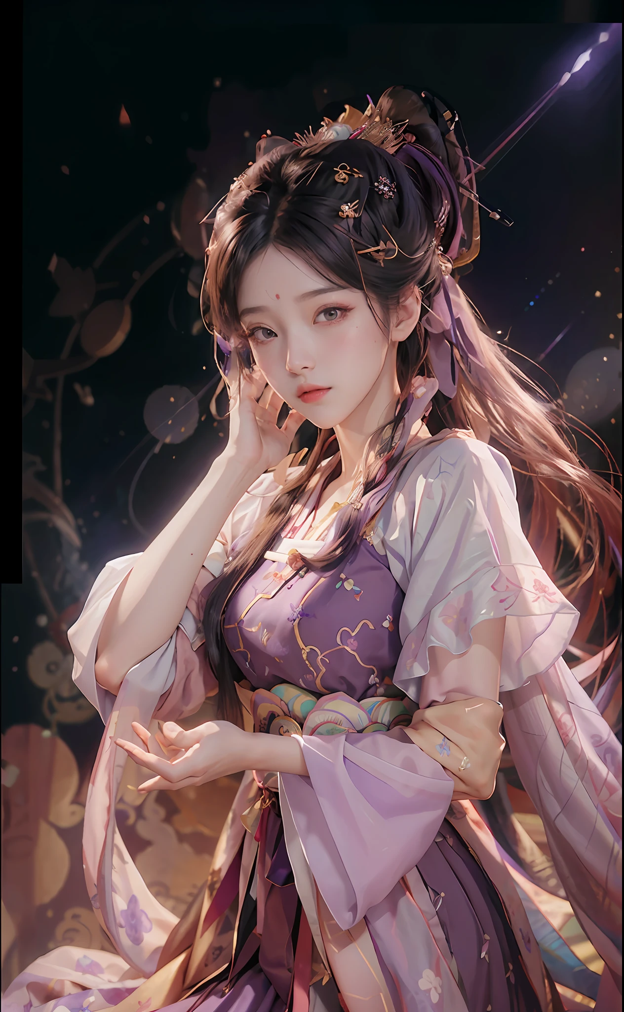 (raw photo, best quality), (realistic, photo realistic: 1. 3), purple hanbok dress, beautiful headdress, hairpin, water sleeves, 8k wallpaper, ink, amazing, movie lighting, lens_flare, dunhuang_style