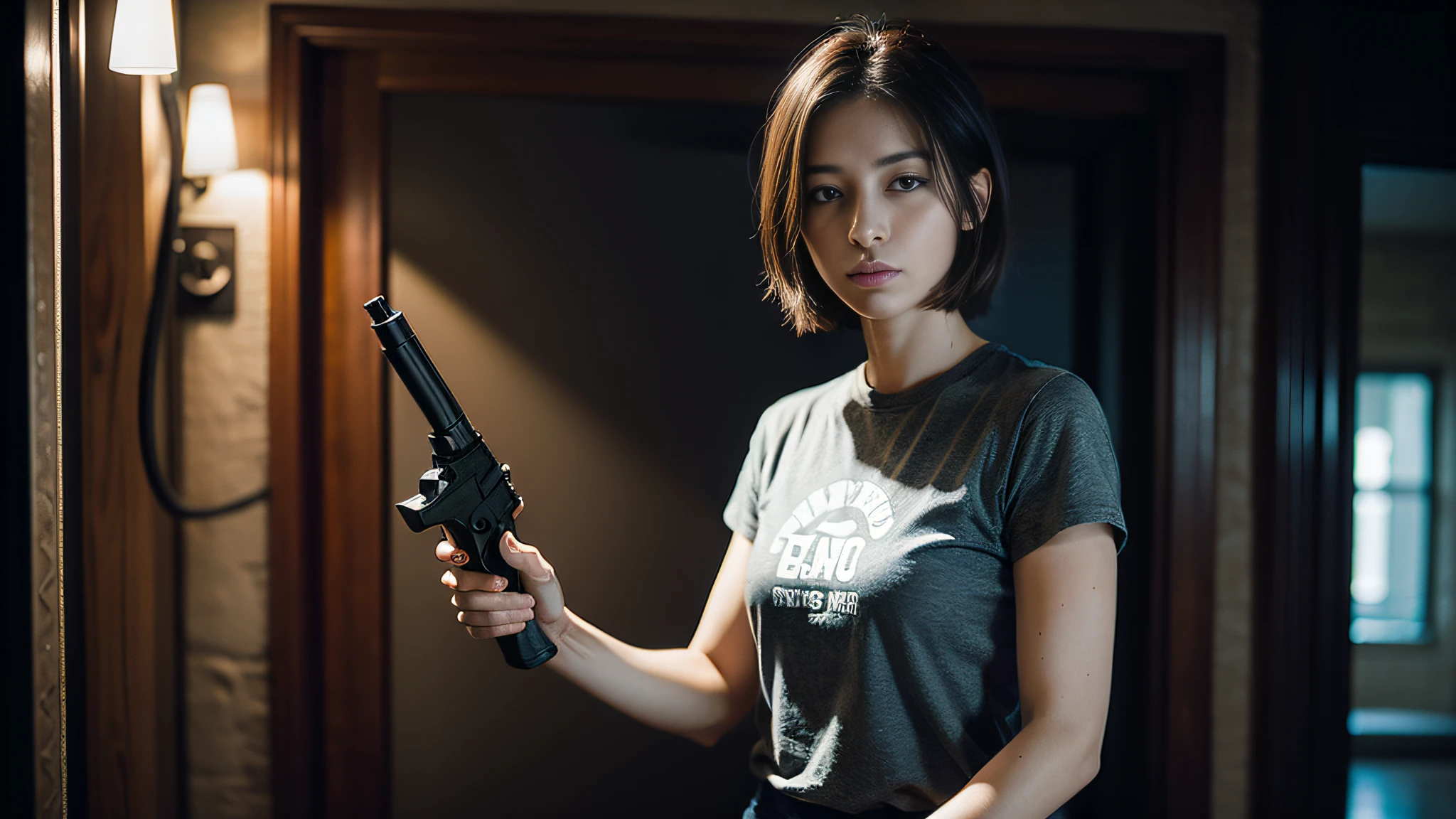 Photo, (Photorealistic: 1.4), (Hyperrealistic: 1.4), (Cinematic: 1.5), Woman in her 20s, French, Solo, Woman with a gun in both hands, (Desert Eagle), Small pistol, Holding a gun in both hands, Nikita, Night, Blue light, Blue filter, Tension, Short hair, Holding a gun with both hands, Basement, (Black T-shirt: 1.4), Hold electrical cords, water pipes, guns on the walls, aim,