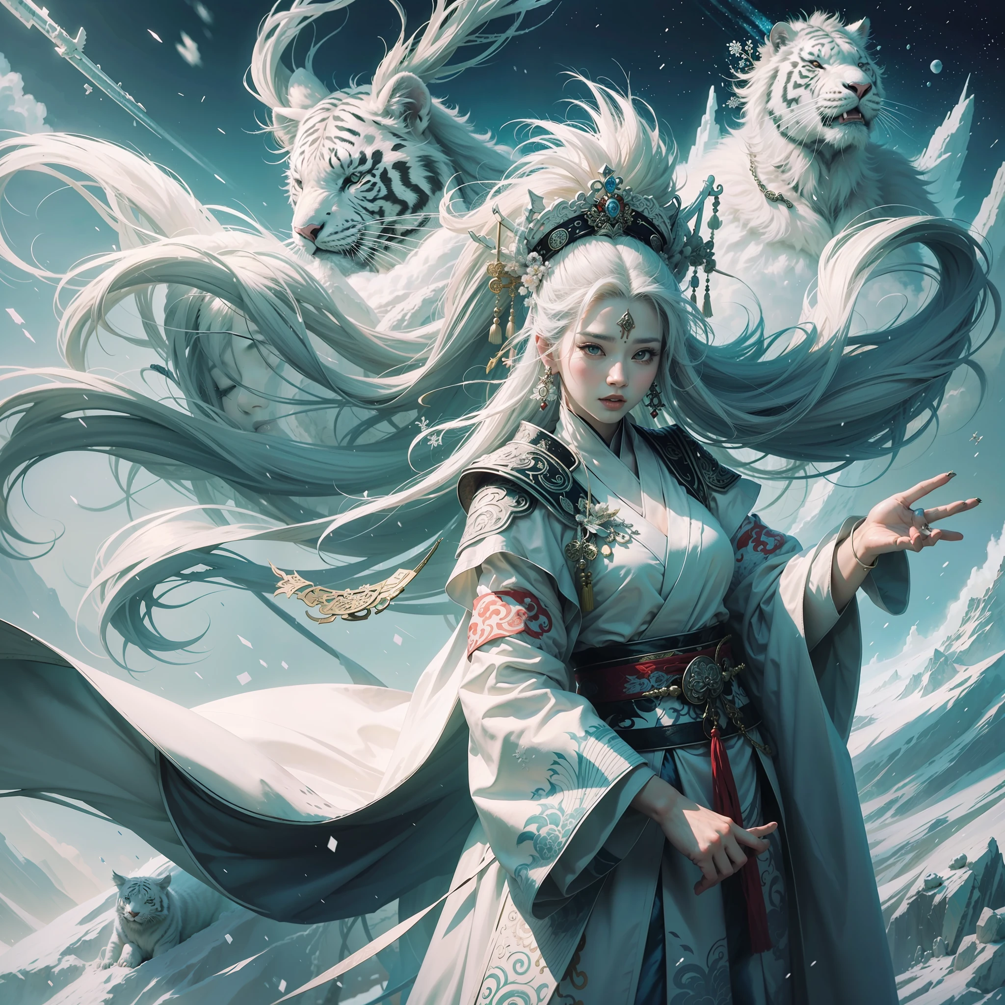 Chinese style, white tiger fairy, god, queen, gorgeous clothes, beautiful fluffy coat, white robe, Hanfu, snow mountain, colorful auspicious clouds, surrounded by ice and snow, 32k --niji 5