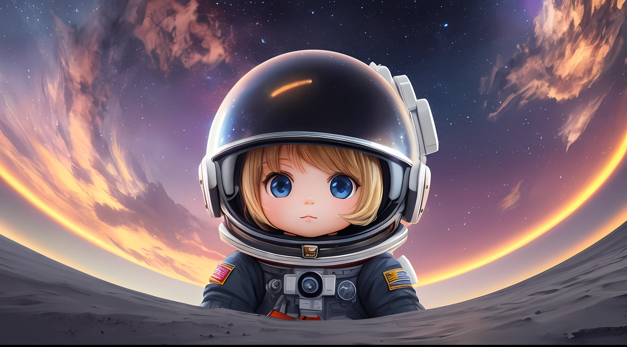 There is a little doll with helmet and helmet, cute 3d rendering, little astronaut looking up, black eyes, portrait anime space cadet boy, cute 3d anime girl rendering, cute detailed digital art, female explorer mini cute girl, 3d rendering stylized, 3d rendered character art 8k, cute digital painting, anime style 3d, super detailed rendering --auto --s2