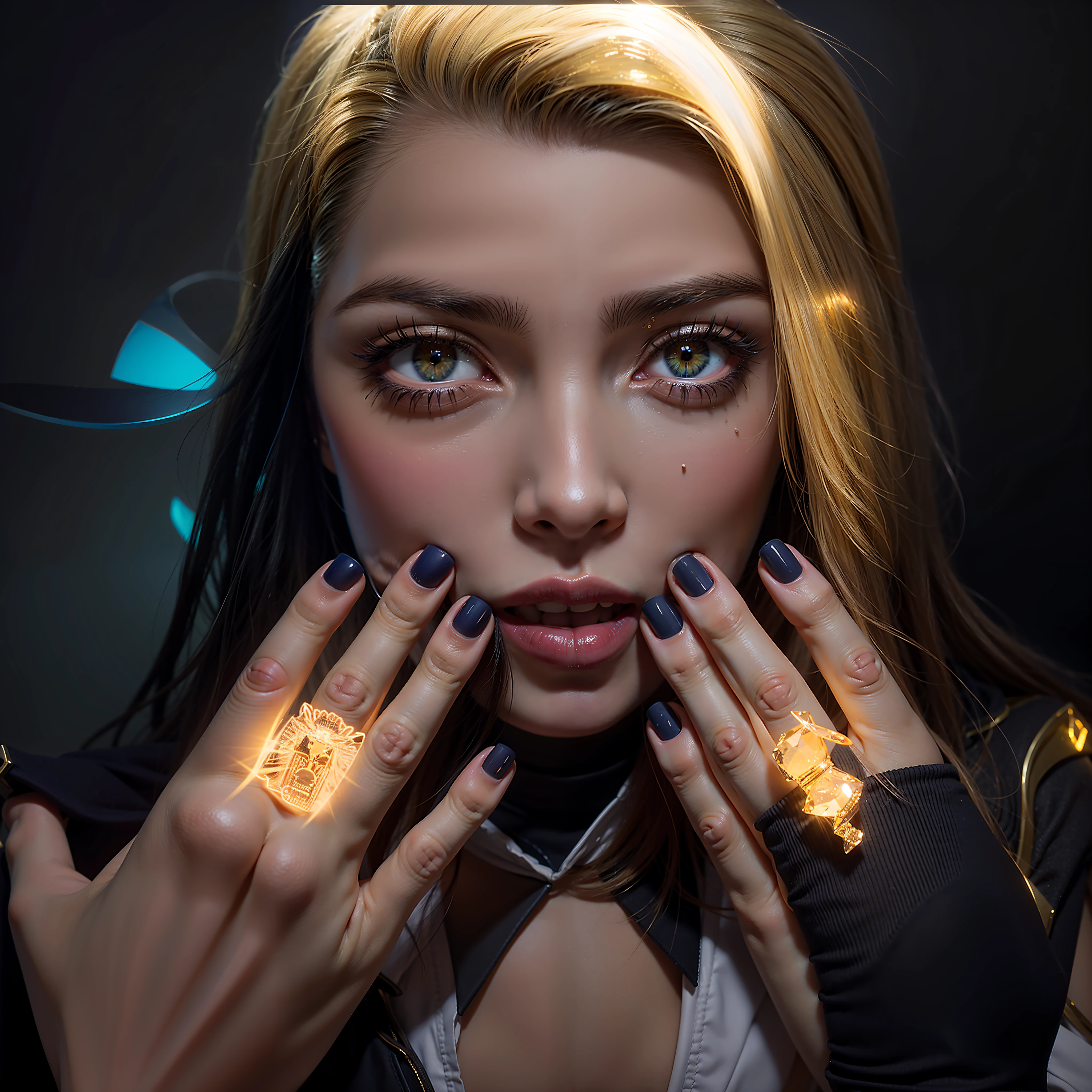 Sunblastlight gorgeous Goddess Anya Taylor play guitar adorned flame screaming blonde puffy short hair smile mouth open teeth 27 years old skin pure face unique emotional enjoy expression revealing seductive suave pronounced voluminous anatomy shape symmetry open mirror eye drops navel buckle nose revealing underwear silk satin leather HardLeather spike onix ornate spinel lazuli opal ruby Headgear kunzite ornate Heart indigo turquoise tourmaline, ultra octane render, unreal engine 5, high contrast, UHD, 16k