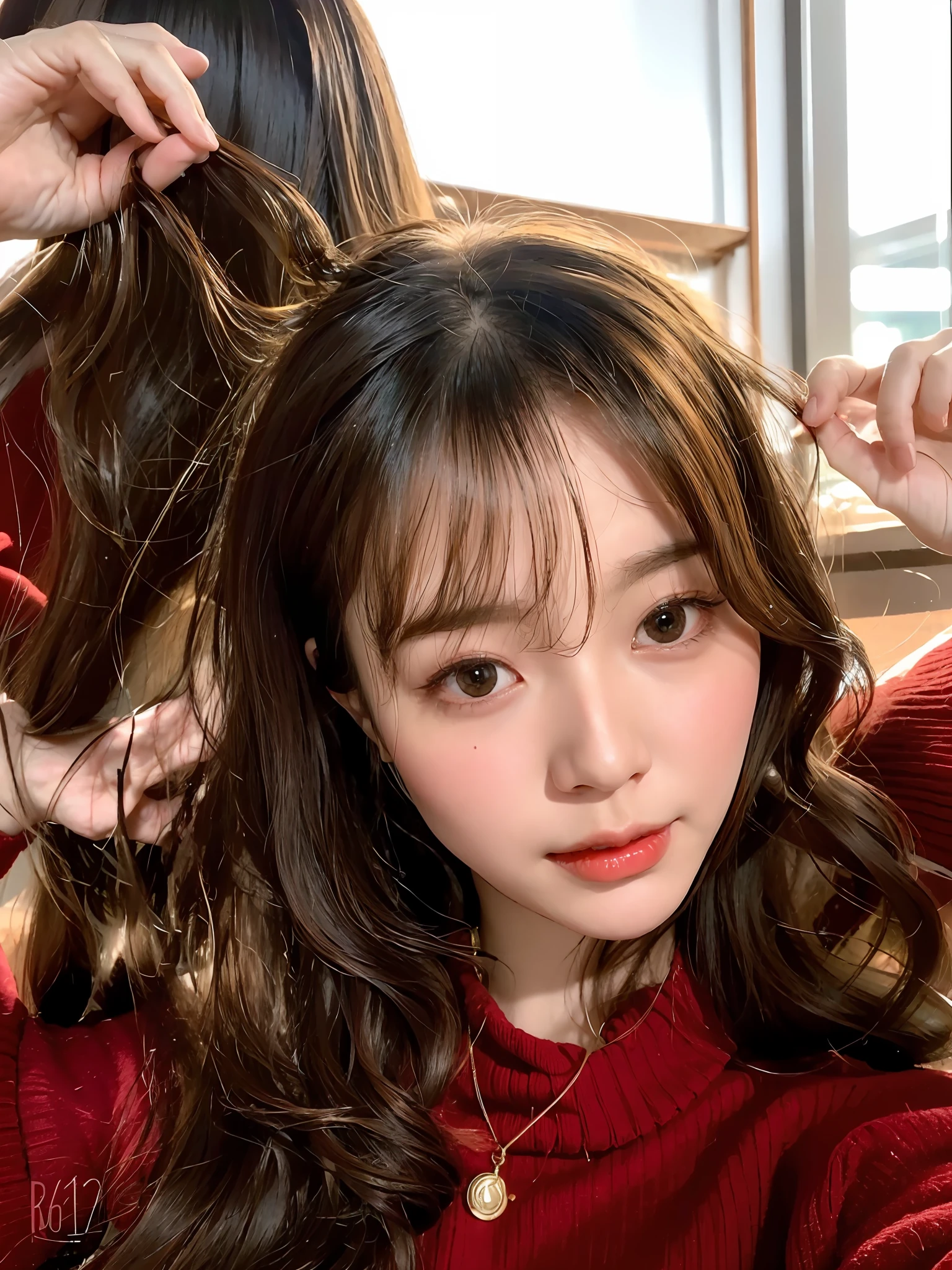 arafed woman with long hair and red sweater holding a comb, neat hair with bangs, wide forehead, 奈良美智, young cute wan asian face, zmonzheng, blunt bangs fall on her forehead, girl cute-fine-face, young cute face, she has a cute face, soft hair, young and cute girl