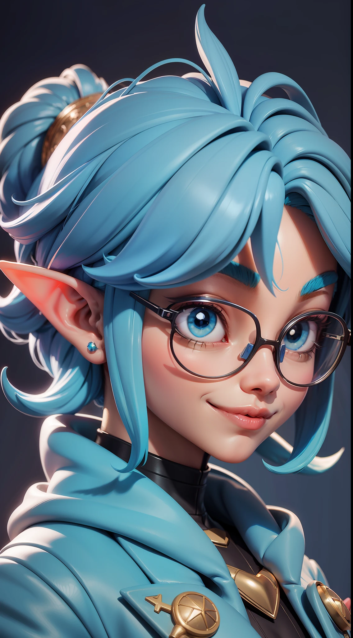 mj3d style,3dmm,3d,(masterpiece, best quality:1.1), elf, light blue hair, glasses, mole on mouth ,anime , (smile:0.5)