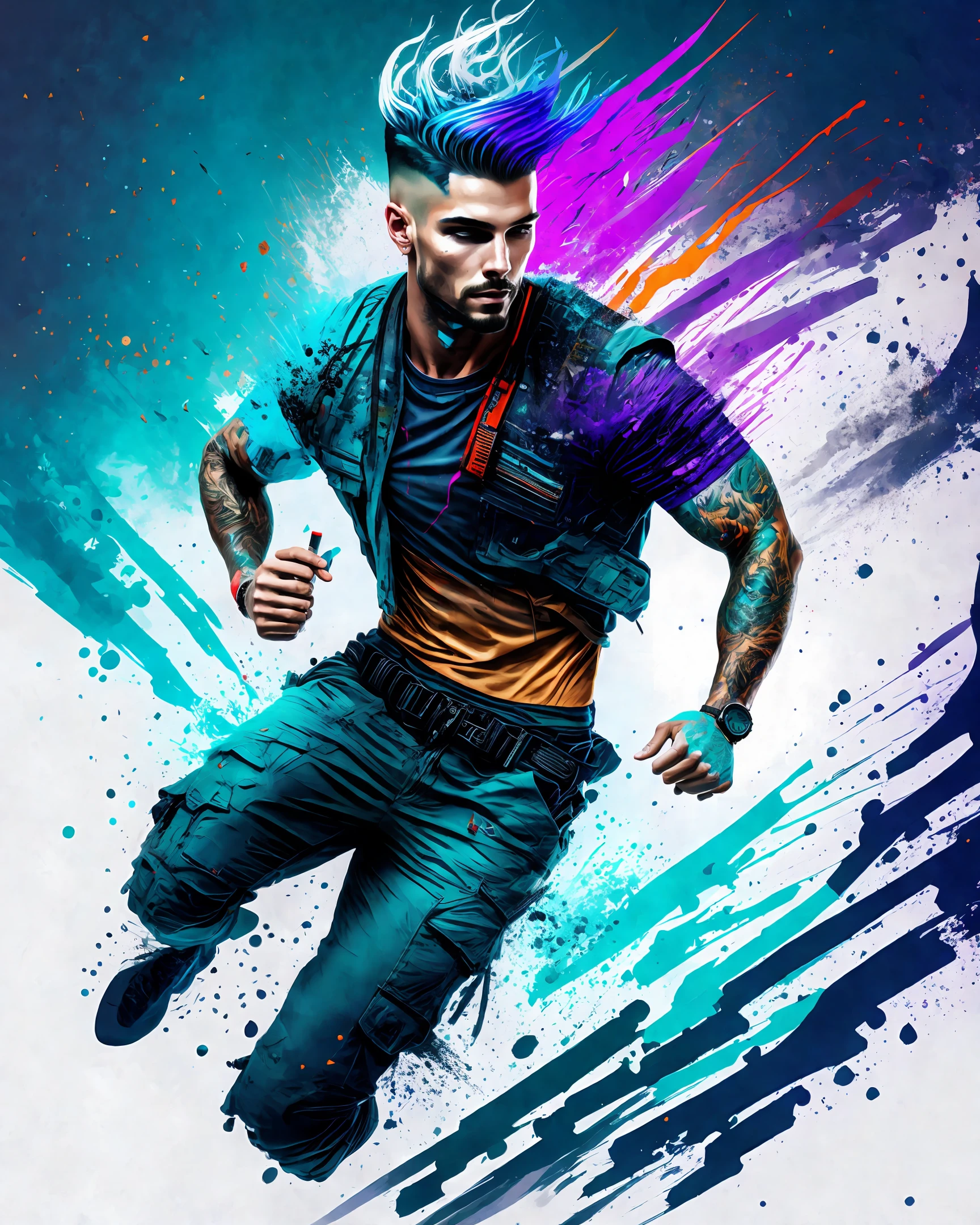 snthwve style nvinkpunk award winning half body portrait of a man in a croptop and cargo pants with ombre navy blue teal hairstyle with head in motion and hair flying, paint splashes, splatter, outrun, vaporware, shaded flat illustration, digital art, trending on artstation, highly detailed, fine detail, intricate