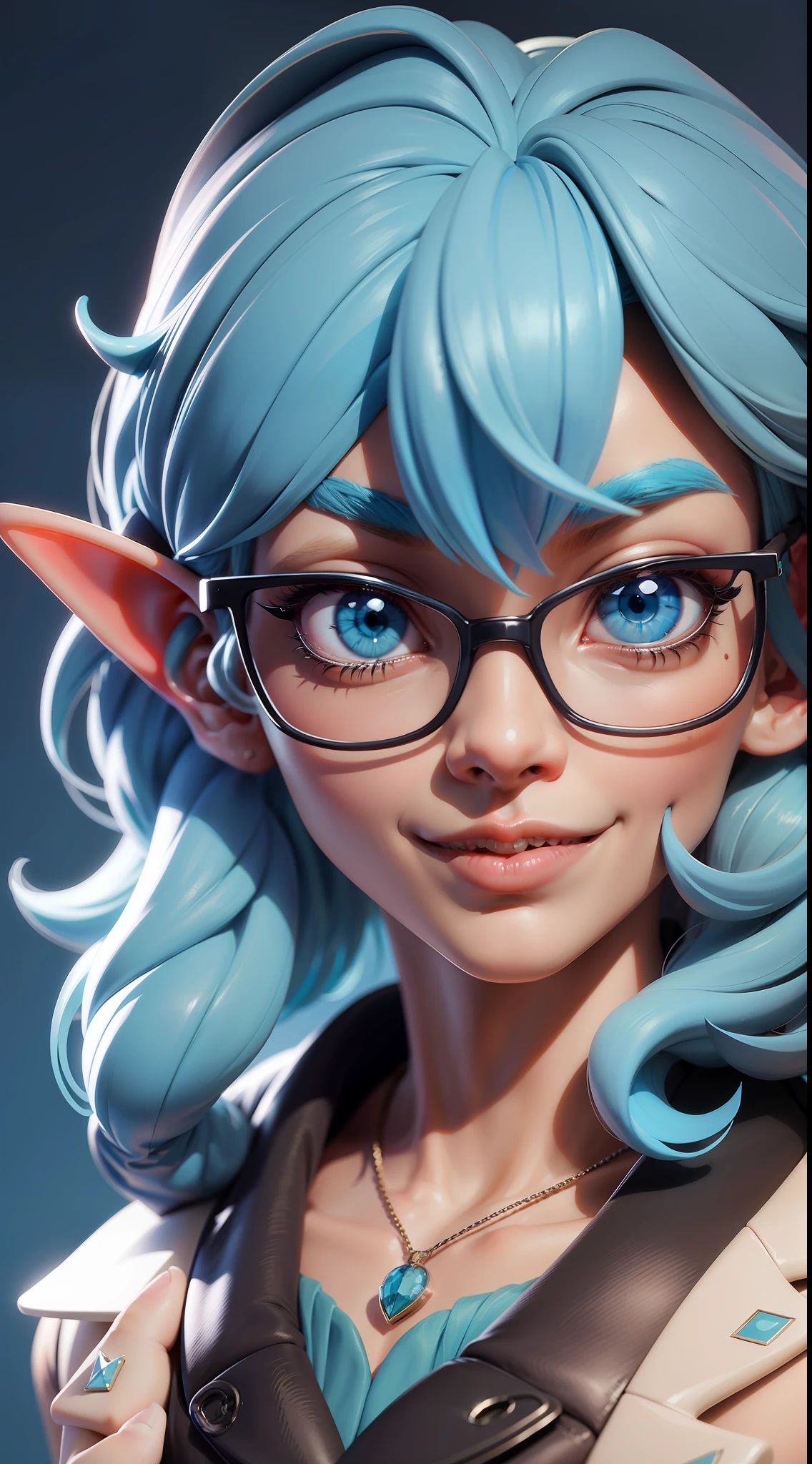 mj3d style,3dmm,3d,(masterpiece, best quality:1.1), elf, light blue hair, glasses, mole on mouth ,anime , (smile:0.5)