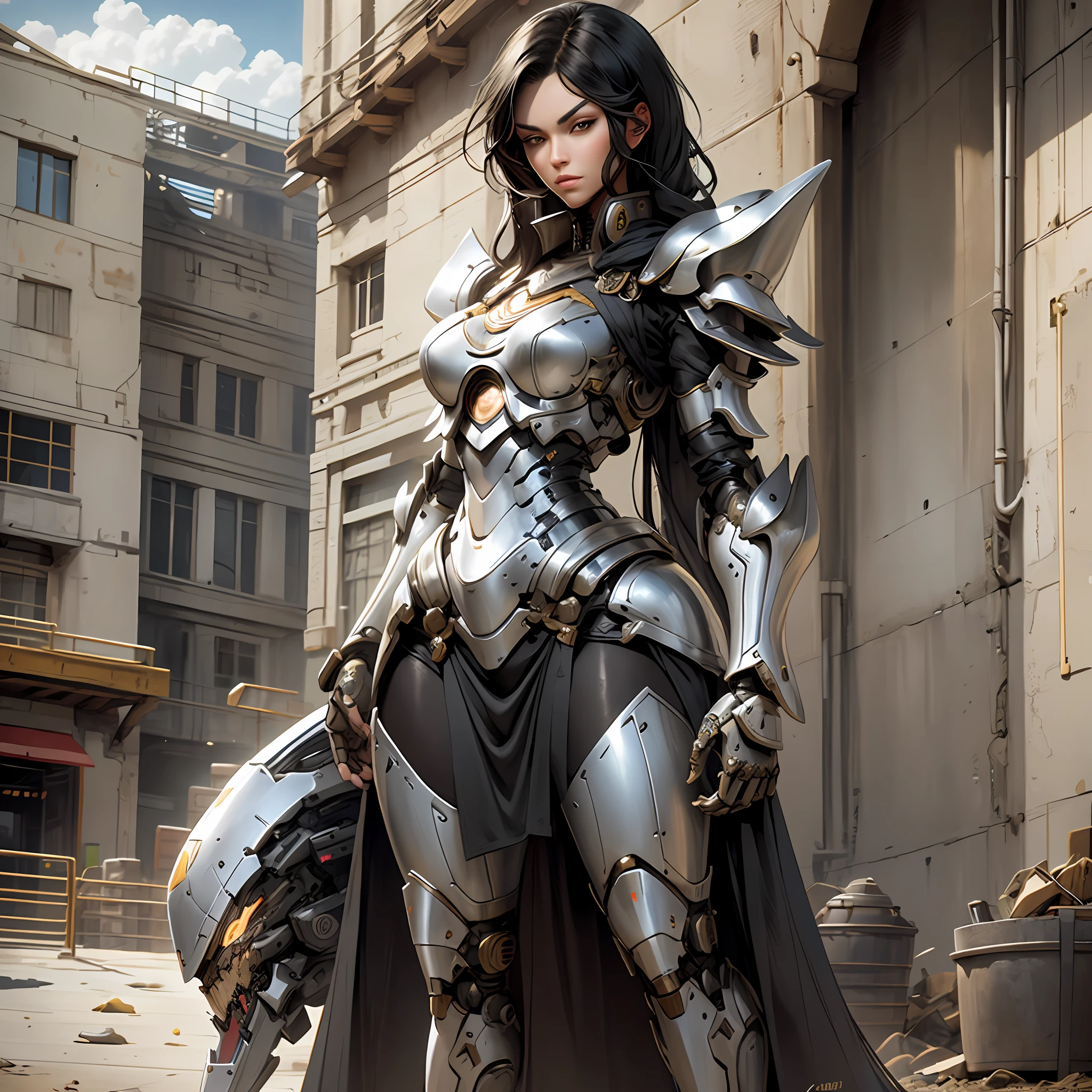 Beautiful tall woman with robotic armor with super realistic and well detailed black hair