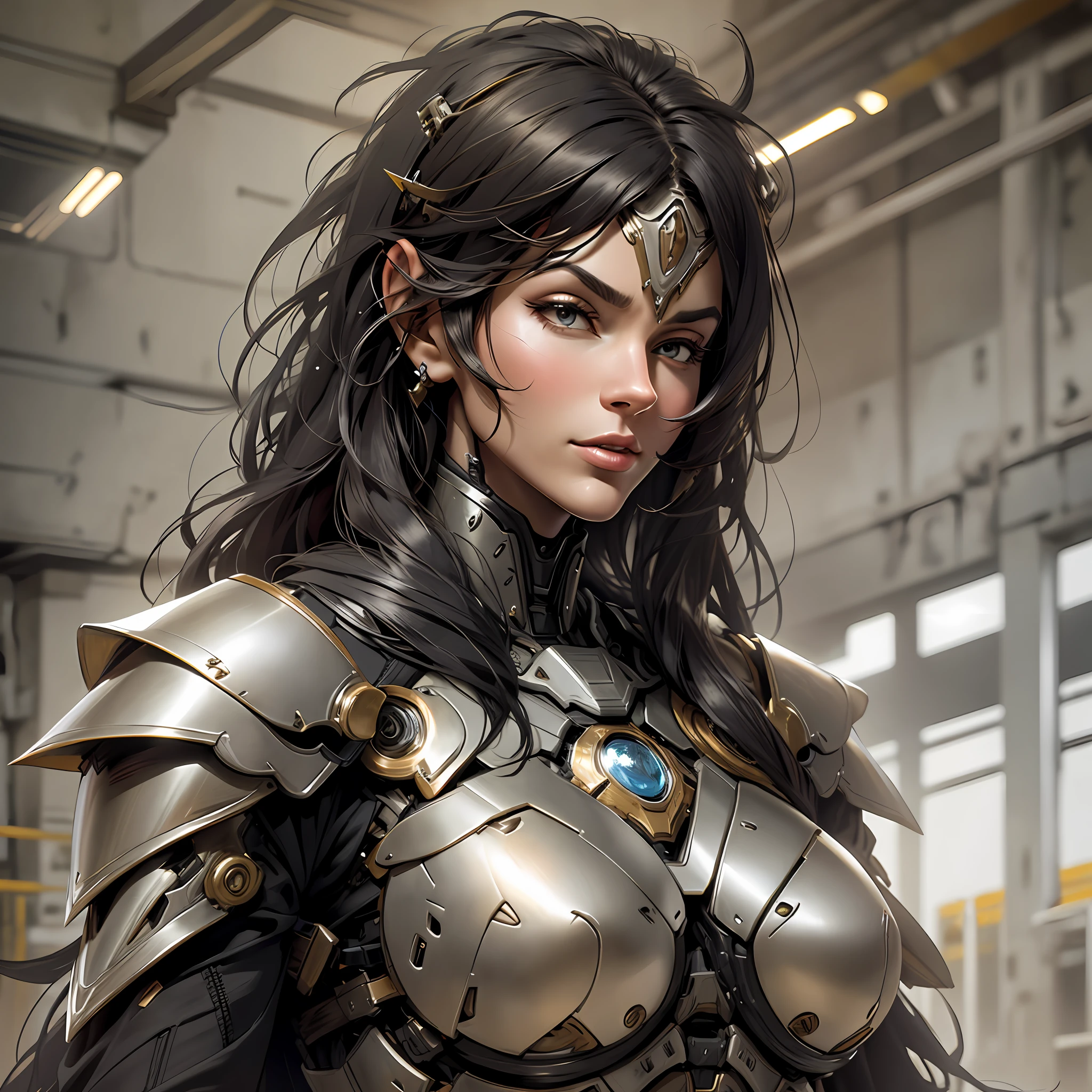 Beautiful tall woman with robotic armor with super realistic and well detailed black hair