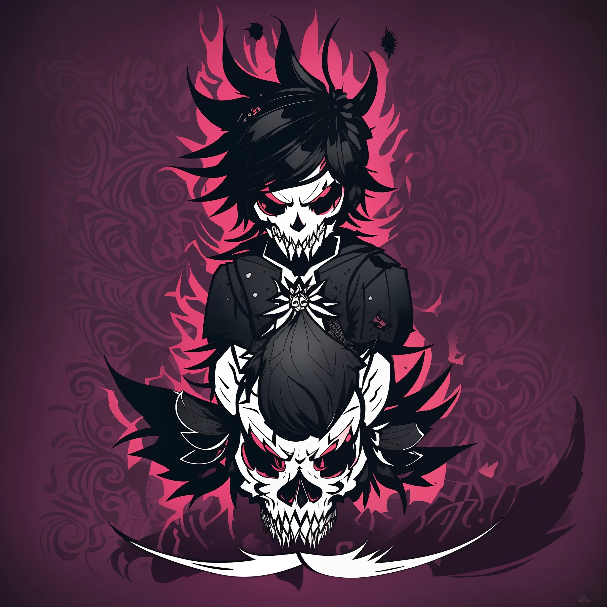 In the image, we see a boy with an emo hair style inspired by the game "Don't Starve Together". Her hair is long and dark, falling in shaggy locks around her pale face. He has fringes that cover part of his eyes, giving him a mysterious look.
The boy wears clothes in the Gothic cartoon style, with a mixture of dark and extravagant elements. He wears a black T-shirt with skull prints and dark red accents, matching a pair of tight pants of the same color. His footwear is a high-top boot, also black, with buckles and silver details.
To complete the look, the boy has a stylist applied to his forehead. The stylist has a unique design, looking like a tribal symbol with touches of mystical elements. It can be an image that represents a mythical animal or a symbol related to the fantastic world of the game "Don't Starve Together".