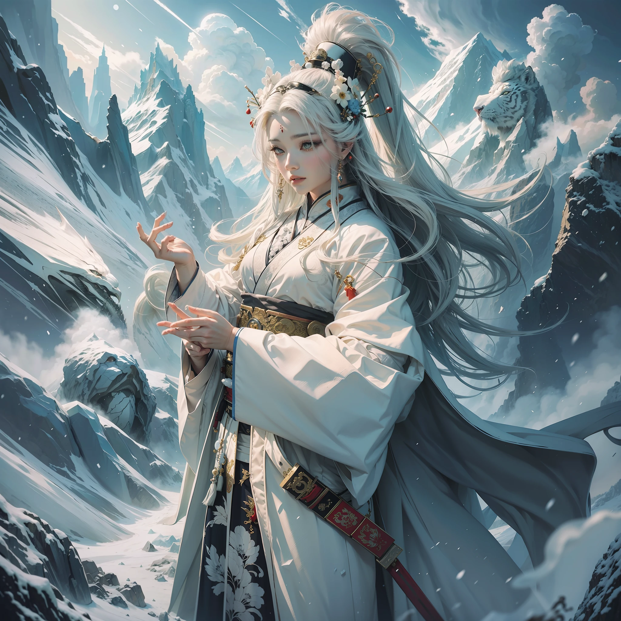 Chinese style, white tiger fairy, god, queen, gorgeous clothes, beautiful fluffy coat, white robe, Hanfu, snow mountain, colorful auspicious clouds, surrounded by ice and snow, 32k --niji 5