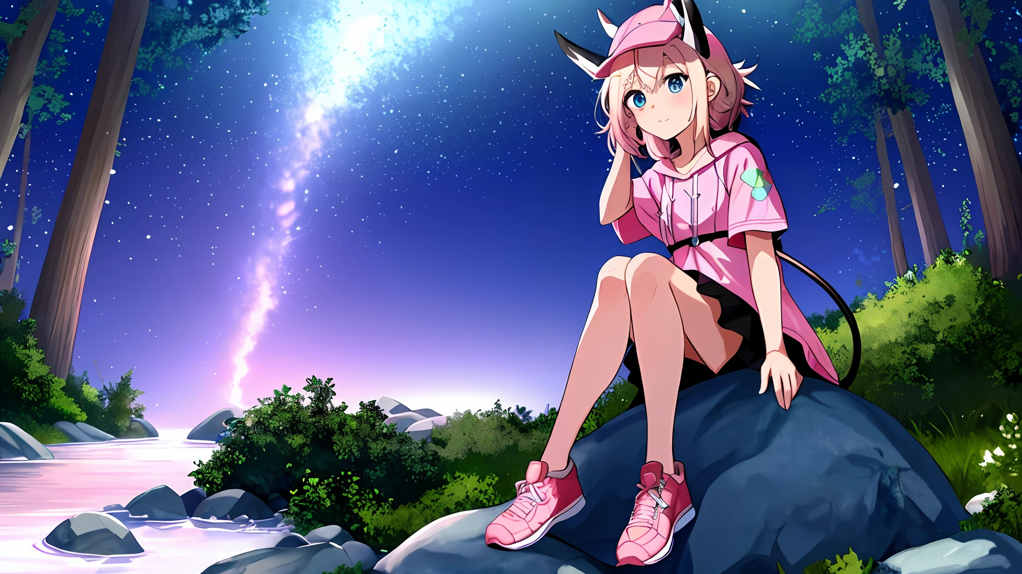 (masterpiece, superior quality, best quality) Boy sitting on a rock in a forest with a flashlight, anime character with pink sweatshirt, pink hat and white horns, pink iconic character, demon boy