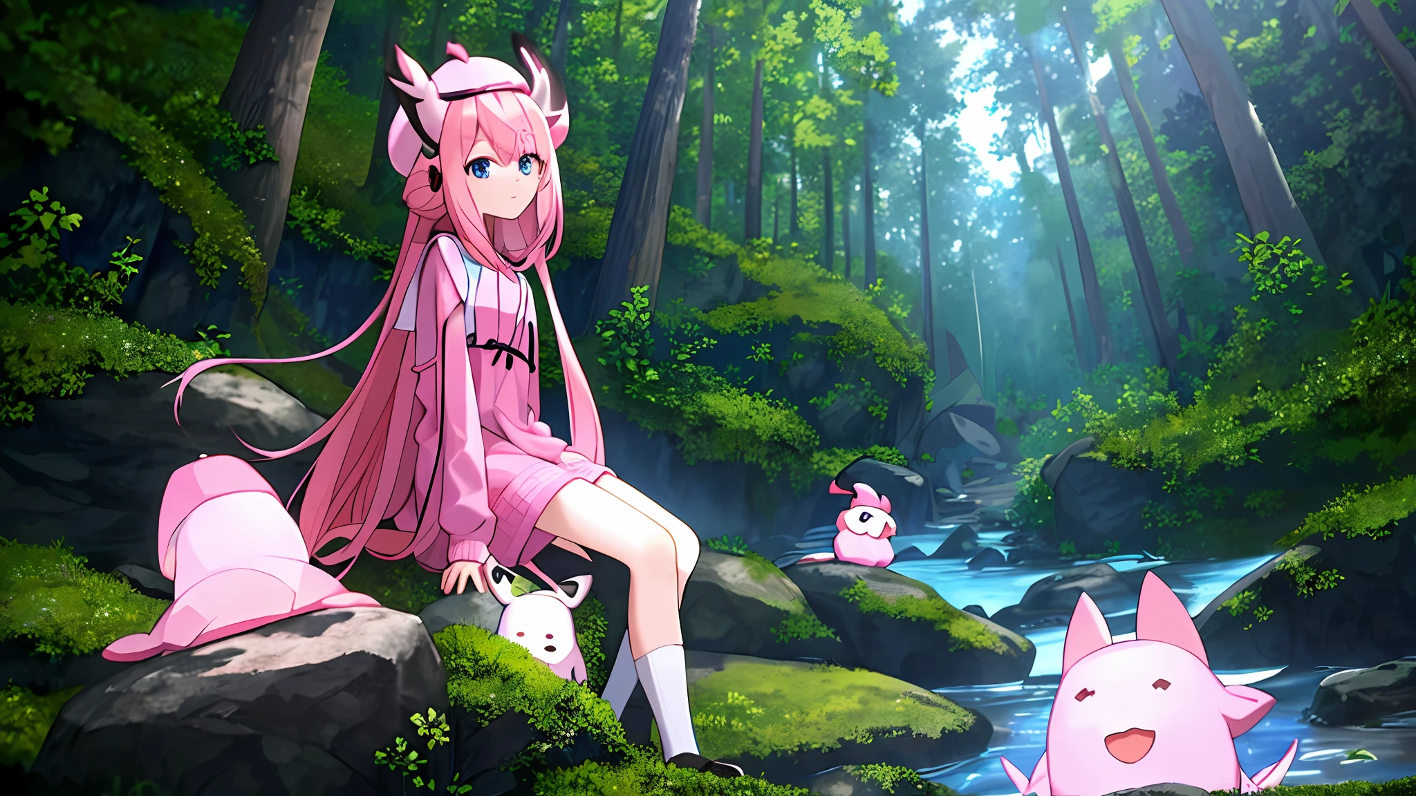 (masterpiece, superior quality, best quality) Boy sitting on a rock in a forest with a flashlight, anime character with pink sweatshirt, pink hat and white horns, pink iconic character, demon boy