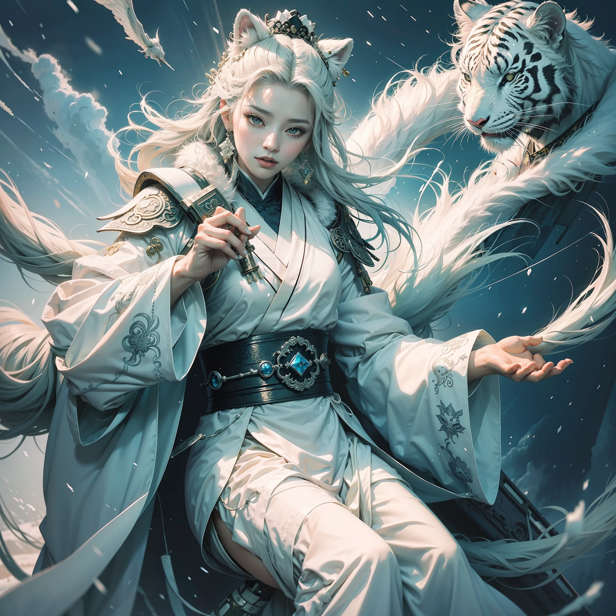 Chinese style, white tiger fairy, god, queen, gorgeous clothes, beautiful fluffy coat, white robe, Hanfu, snow mountain, colorful auspicious clouds, surrounded by ice and snow, 32k --niji 5