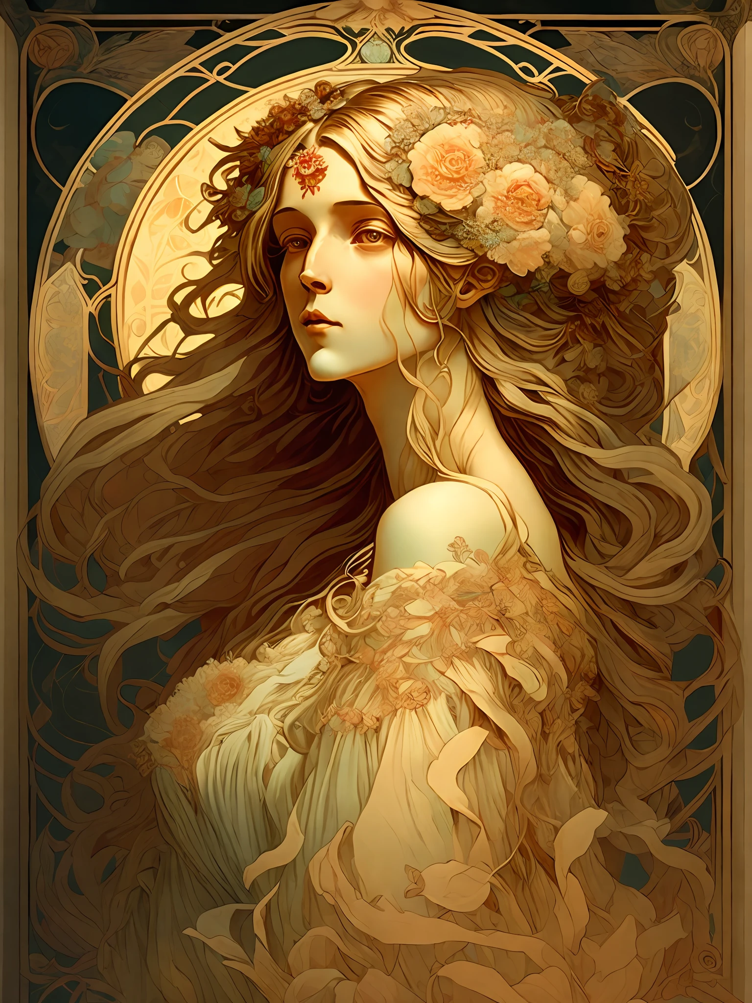a poster of a woman with long hair and flowers in her hair, holding her hands behind her head by Alphonse Mucha