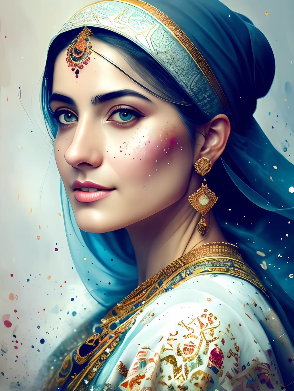 An Arabic ethnic traditional dancer, detailed and sharp focus on her face, ultra details, hi-res, portrait by Willem Haenraets, watercolor, wet on wet and splattering techniques, centered, perfect composition, abstraction, surrealism, trending on artstation, sharp focus, studio photo, intricate details, highly detailed, by Greg Rutkowski