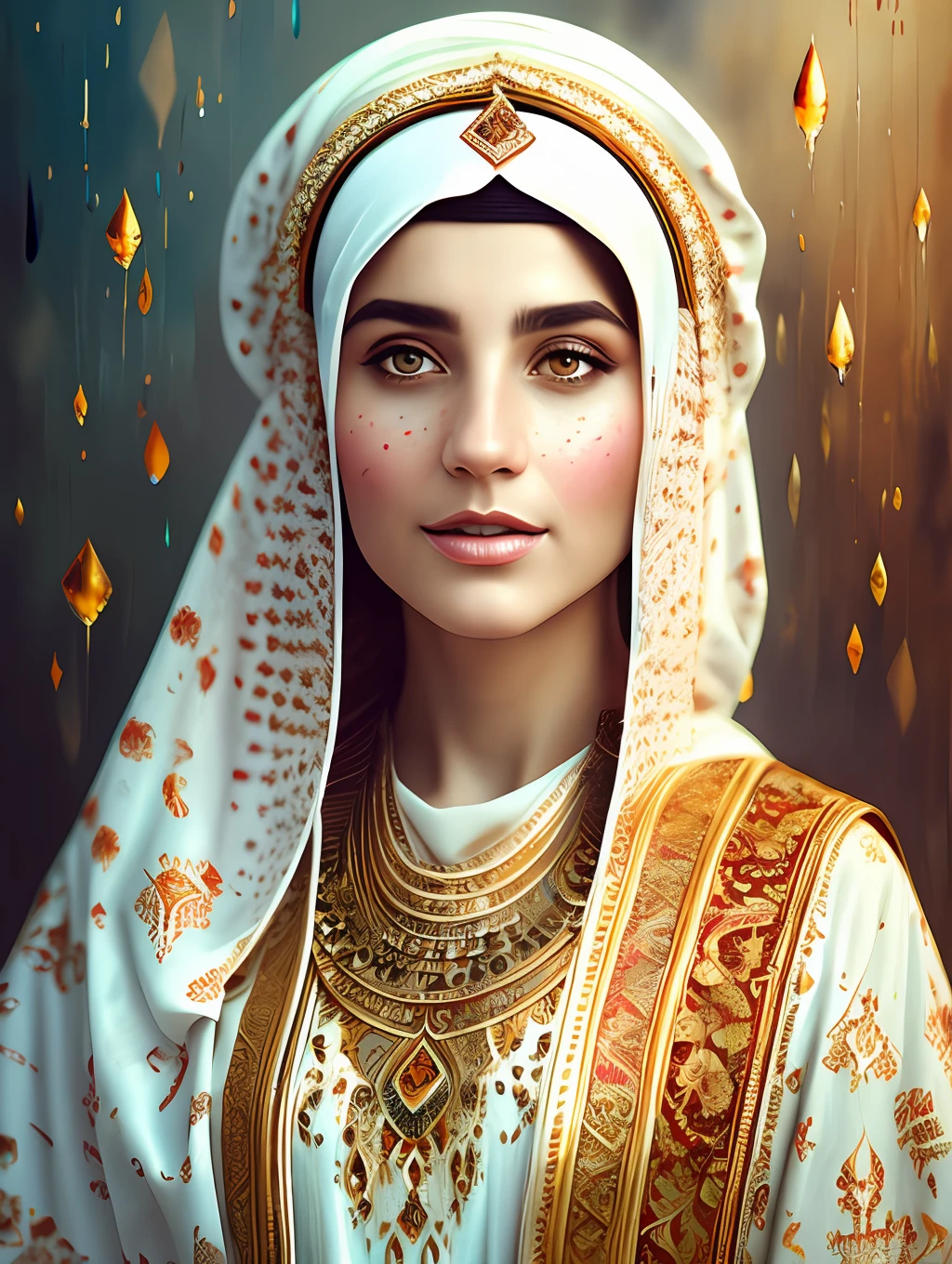 An Arabic ethnic traditional dancer, detailed and sharp focus on her face, ultra details, hi-res, portrait by Willem Haenraets, watercolor, wet on wet and splattering techniques, centered, perfect composition, abstraction, surrealism, trending on artstation, sharp focus, studio photo, intricate details, highly detailed, by Greg Rutkowski