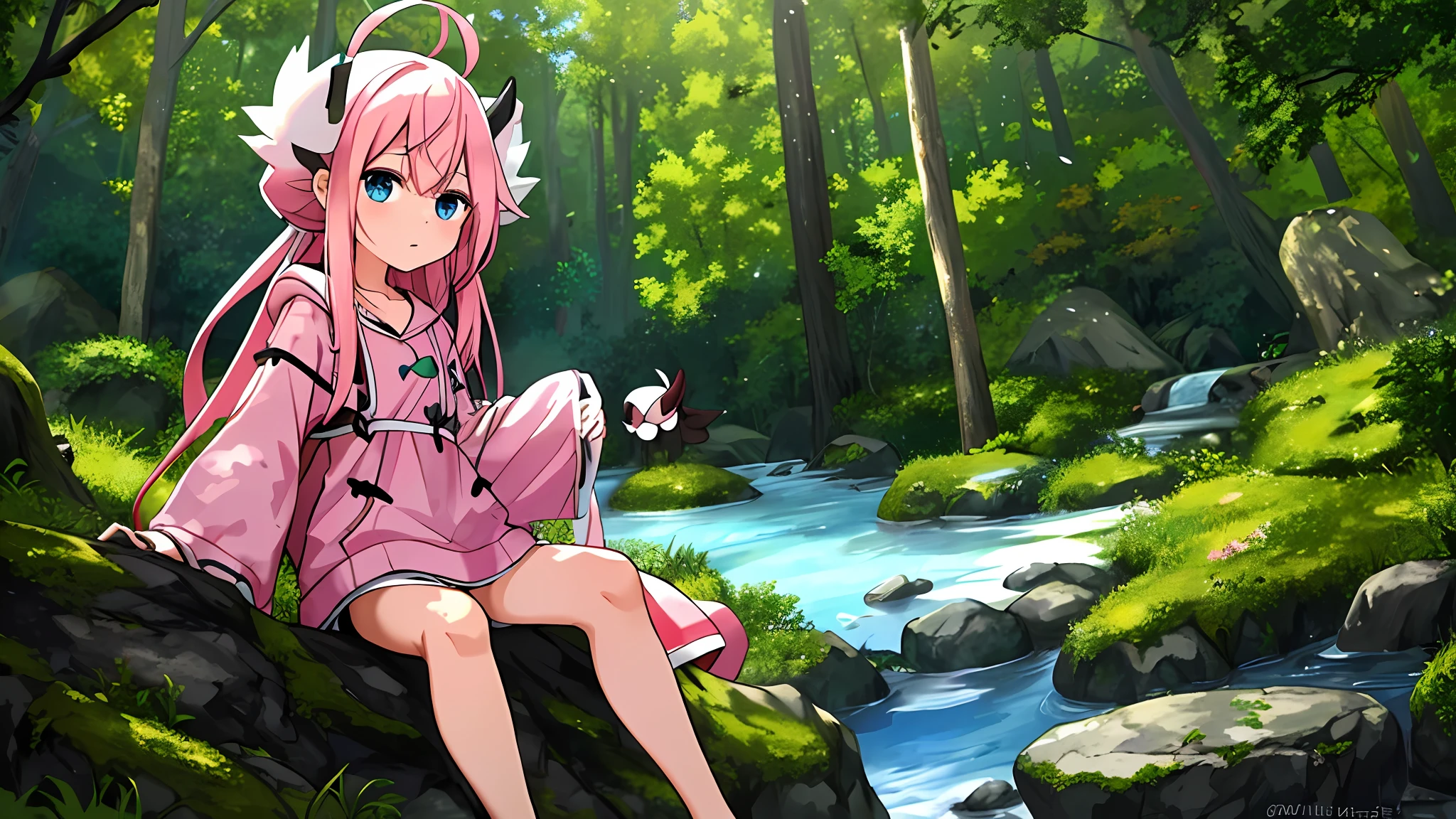 (masterpiece, top quality, best quality) boy sitting on a rock in a forest with a cute white mini demon, anime character with pink sweatshirt, pink hat and white horns, pink iconic character, demon boy