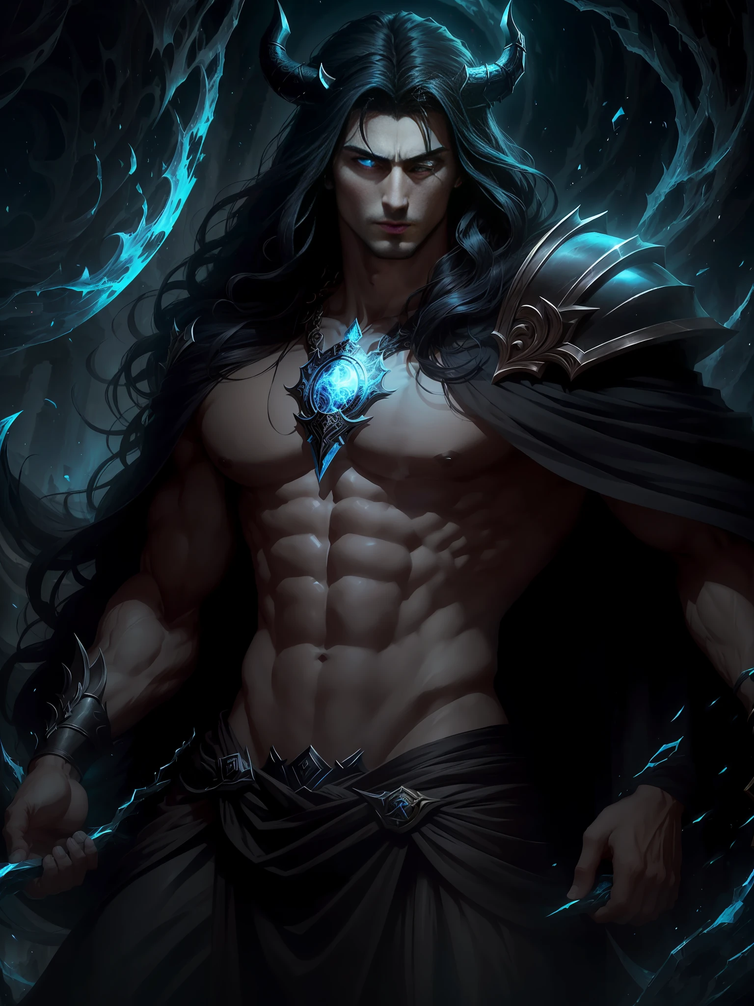 ((Perfectly Detailed Eye Rendering)), close up:1.2, Create an image that depicts Hades, inspired by the book descriptions of Hades and Persephone, written by Scarlett St. Clair. Hades is described as an imposing and seductive Greek god with a dark and powerful aura. He possesses a tall stature and a sculpted body, emanating strength and authority. Her black hair is long and dense, falling in seductive waves over her broad shoulders. (((His deep eyes are the most intense blue color))), conveying a magnetic mystery. He has majestic black horns that curve elegantly around his head, further underscoring his divine nature. The expression on his face reflects a piercing gaze, full of power and knowledge of the dark world he rules. His skin is pale as the silvery light of the moon, contrasting with the gloomy scenery around him. In addition, Hades is depicted wearing elegant and majestic costumes, which perfectly match his imposing presence. Their appearance is a balance between beauty and power, attracting both admiration and awe. When creating the image of Hades, be sure to capture his dominant presence, the intensity of his gaze, and the combination of his dark and seductive features. The image should convey the strength and mystery that surrounds it, bringing to life this fascinating Greek god of the underground.
