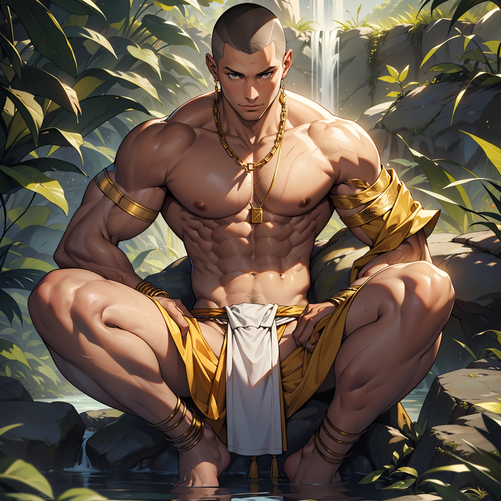 2 people, masterpiece, best quality, most attractive male 30 year old male, (very small loincloth), splash of liquid gold, furry body, depth of field, buzz cut, full body, (nude)