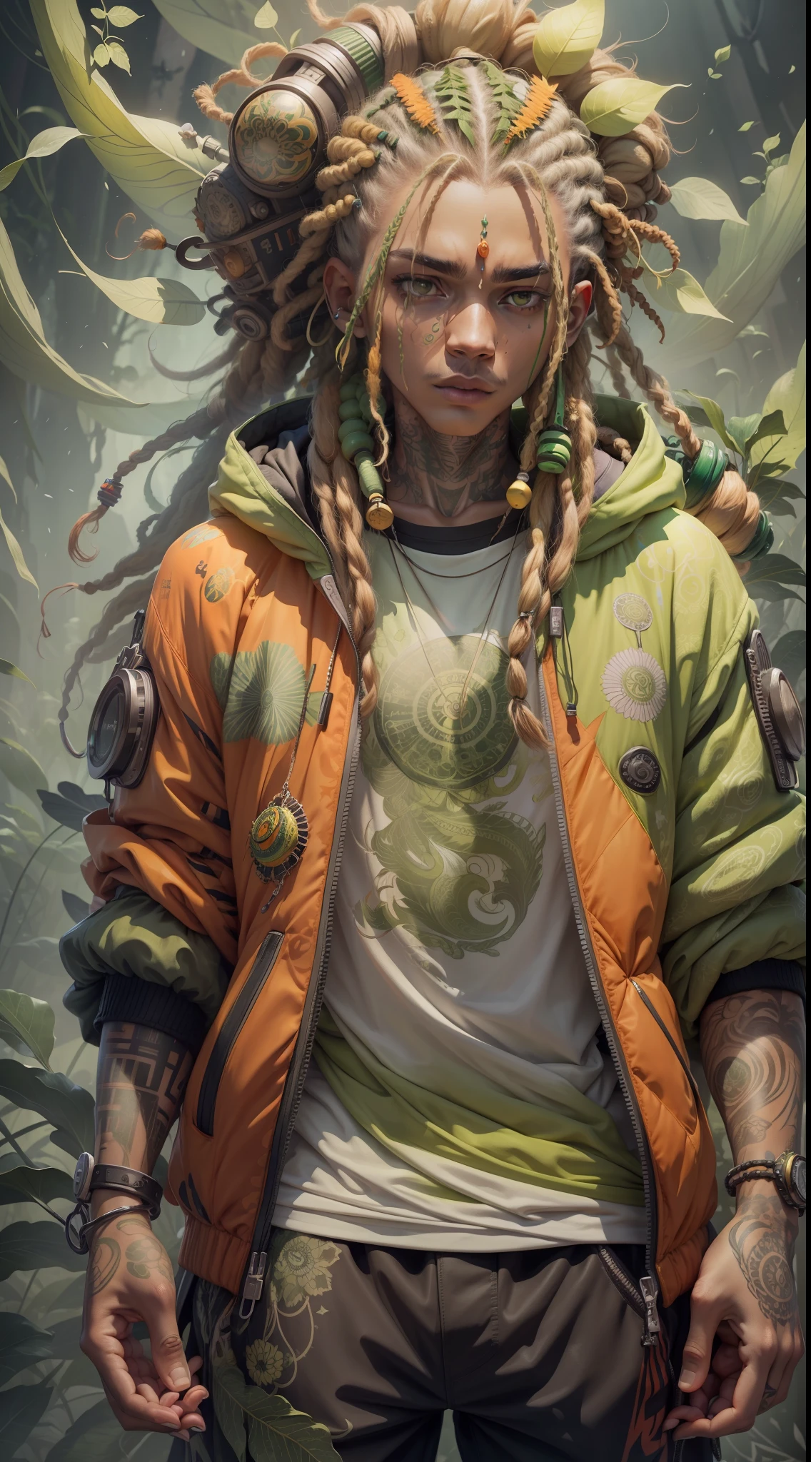 green:1.5, orange:1.1, white:1.3, yellow:1.3, (rapper with dread hair),tattoos, (power puffer clothes:1.2),fractals,flowers,leaves,fog,lines,circles background