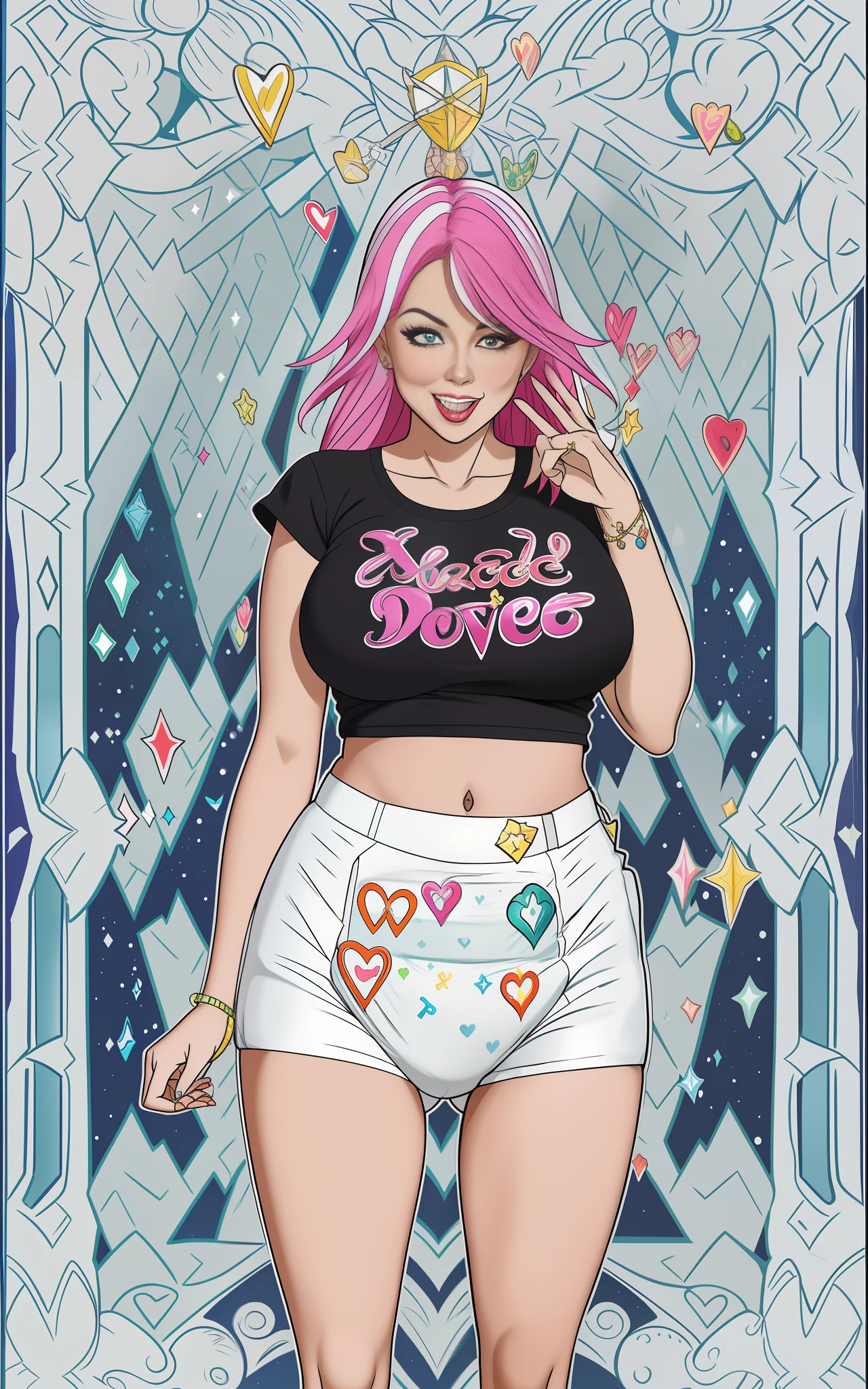 Sexy busty woman wearing a (big diaper), magical, colorful, detailed, surprised, happpy, large breasts, wide hips, casting love spell, seductive, ((mommydom)), bokeh