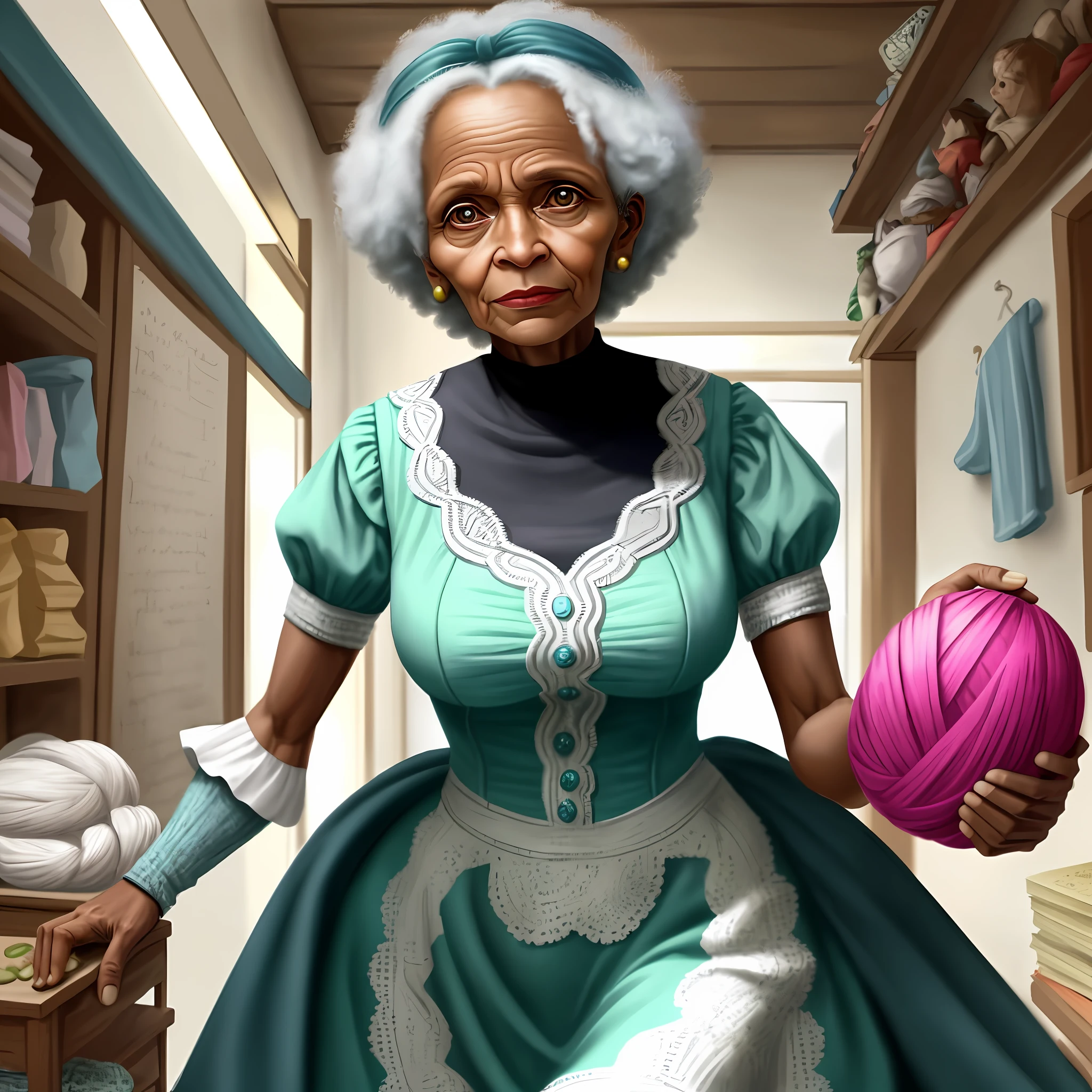 Use artificial intelligence to create an engaging image based on the story of Zezé, the extraordinary grandmother. Draw Zezé as a skilled and caring woman, surrounded by a charming knitting corner, where she makes beautiful clothes and blankets for the children of the community. As you unfold the mysterious thread plot, portray the suspenseful encounter with a creepy bogeyman, racing Zeze's heart. The illustration should convey warmth, creativity and an exciting sense of anticipation, highlighting Zeze's dedication and the challenge she faces. Use vivid colors and expressive details to make the scene more realistic and captivating.